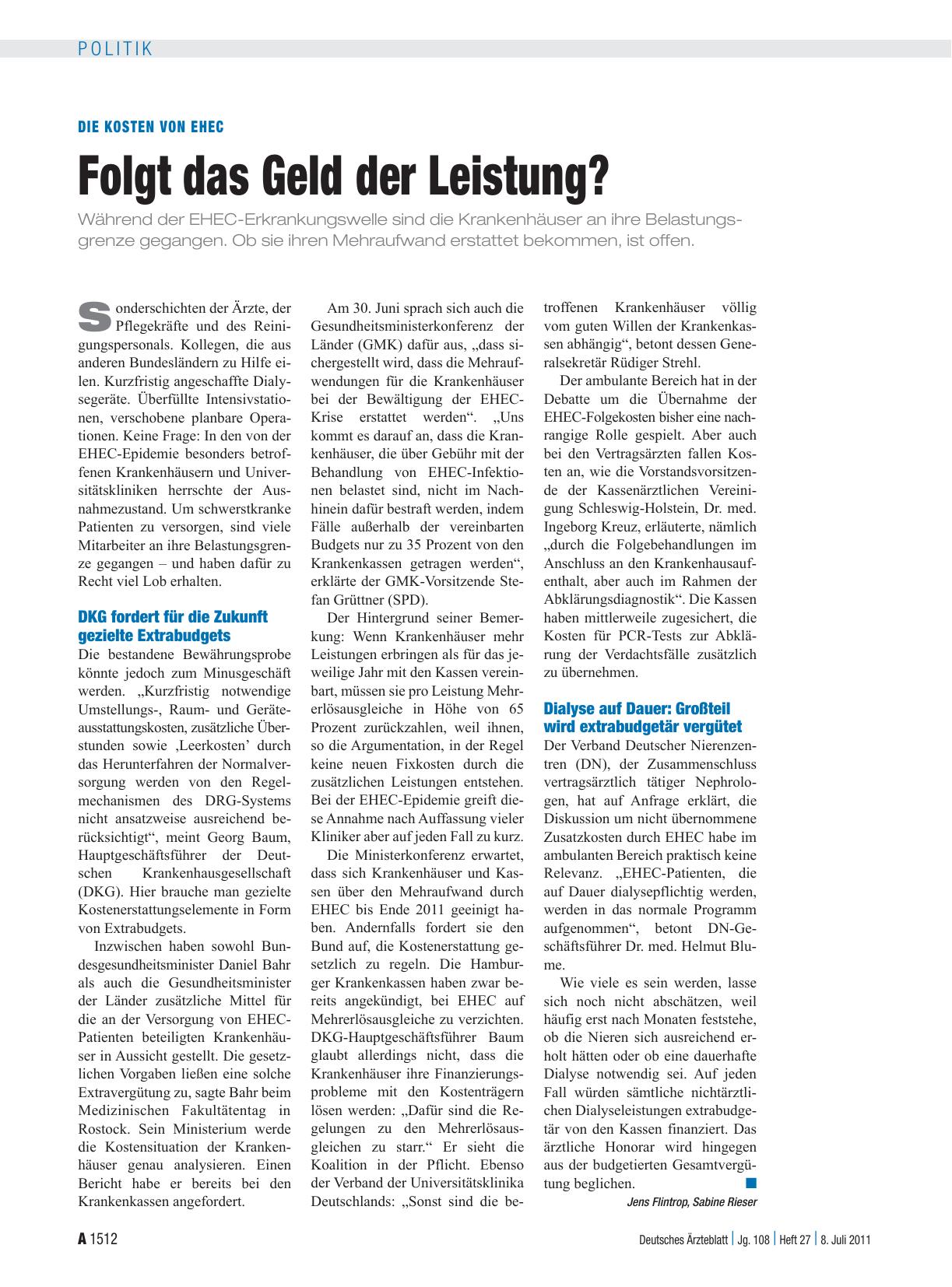 Vorschauseite 1: Die Kosten von EHEC: Folgt das Geld der Leistung?