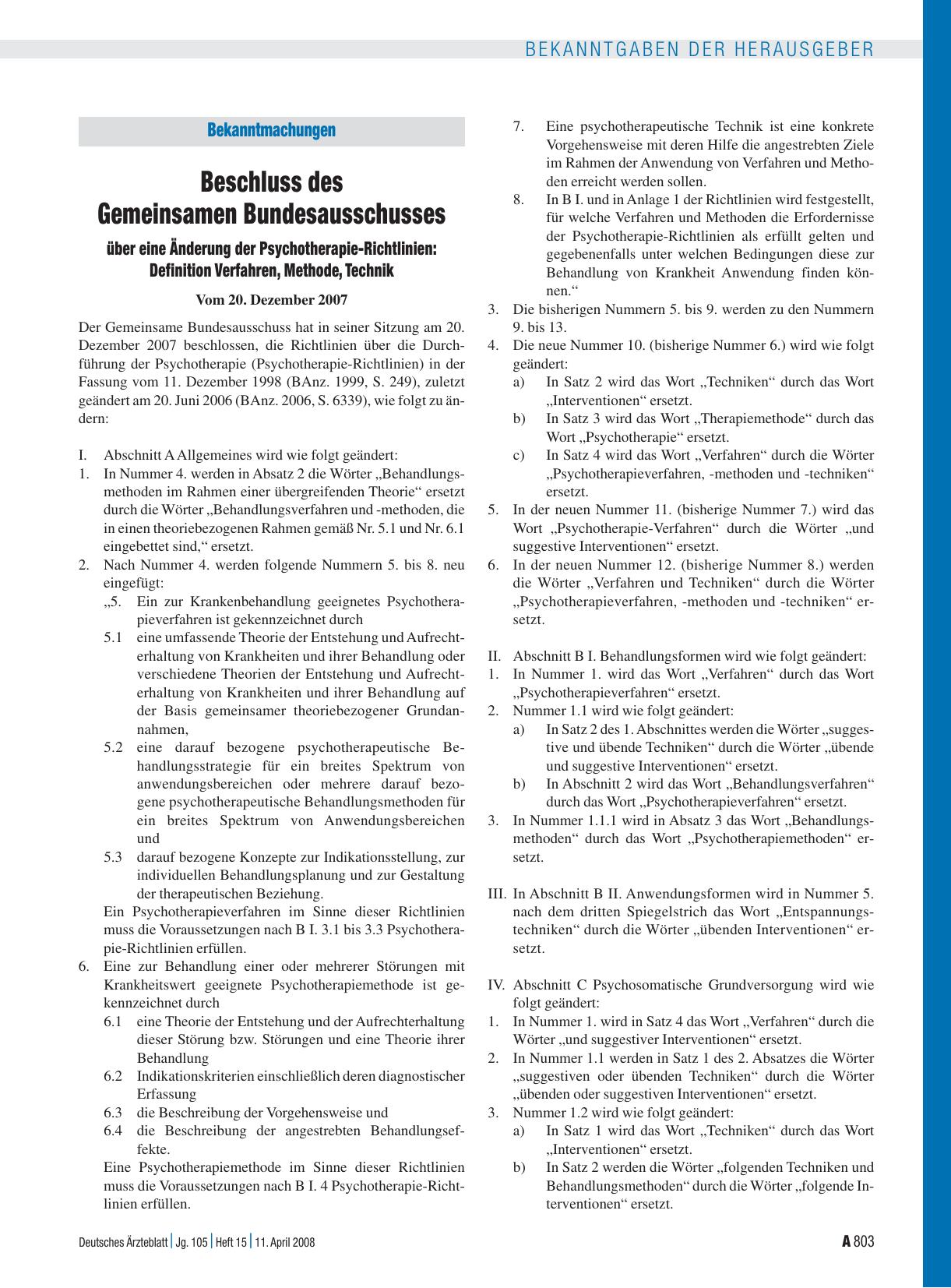 Vorschauseite 1: Bekanntmachungen: Beschluss des Gemeinsamen Bundesausschusses über eine Änderung der Psychotherapie-Richtlinien: Definition Verfahren, Methode, Technik vom 20. Dezember 2007
