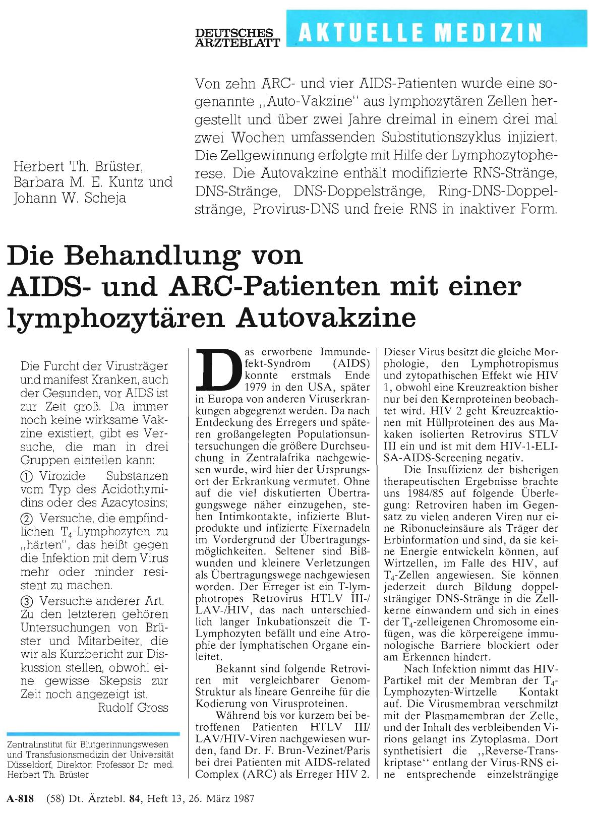 Vorschauseite 1: Die Behandlung von AIDSund ARC-Patienten mit einer lymphozytären Autovakzine