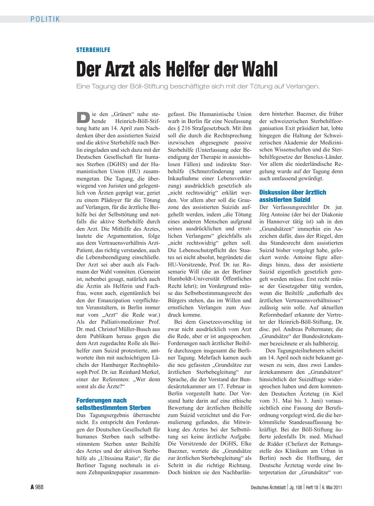 Vorschauseite 1: Sterbehilfe: Der Arzt als Helfer der Wahl
