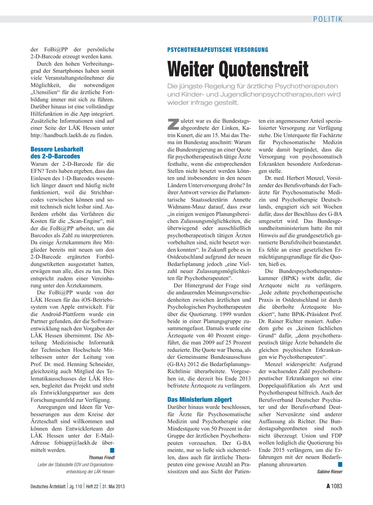 Vorschauseite 1: Psychotherapeutische Versorgung: Weiter Quotenstreit