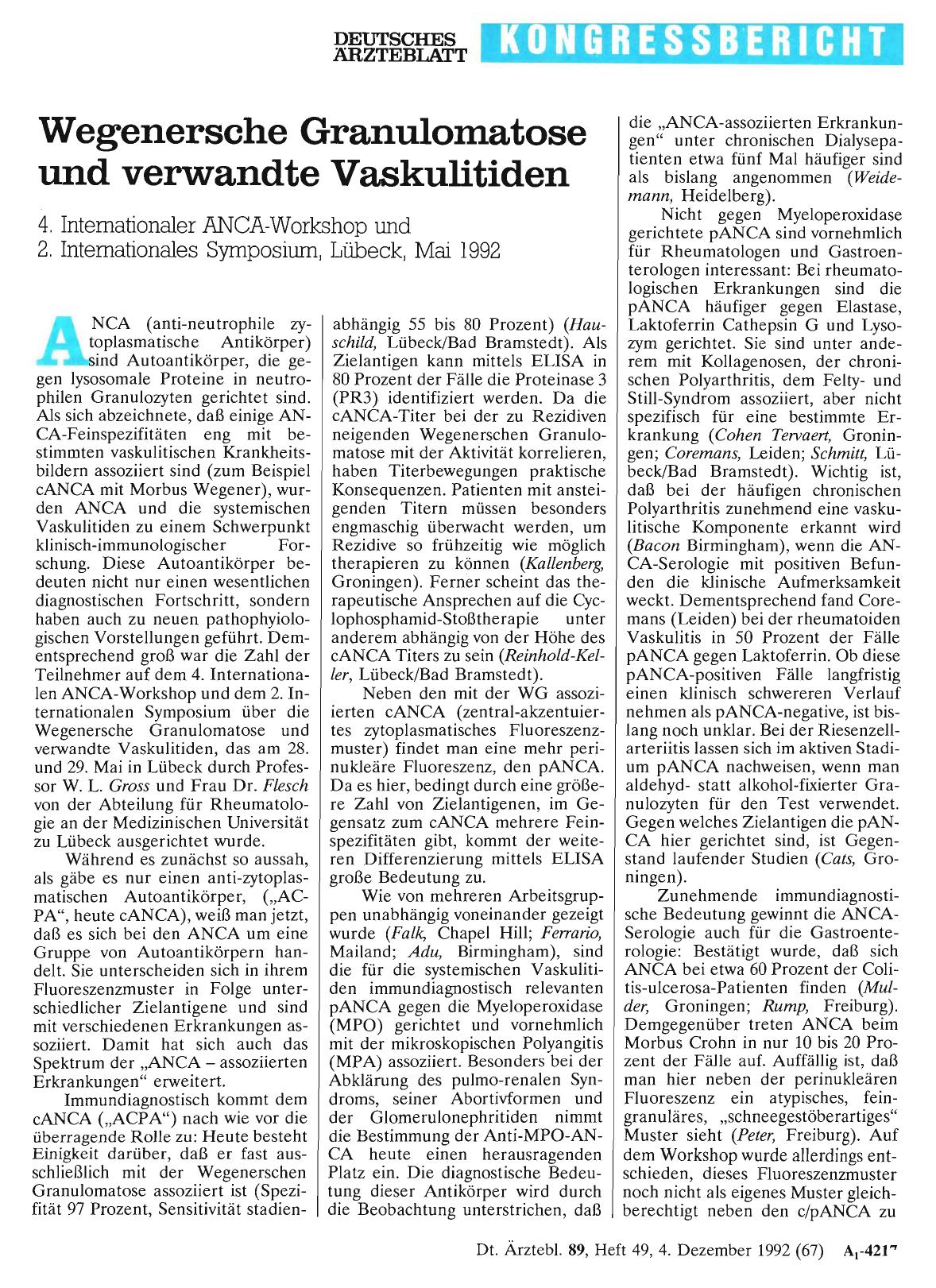 Vorschauseite 1: Wegenersche Granulomatose und verwandte Vaskulitiden: 4. Internationaler ANCA-Workshop und 2. Internationales Symposium, Lübeck, Mai 1992