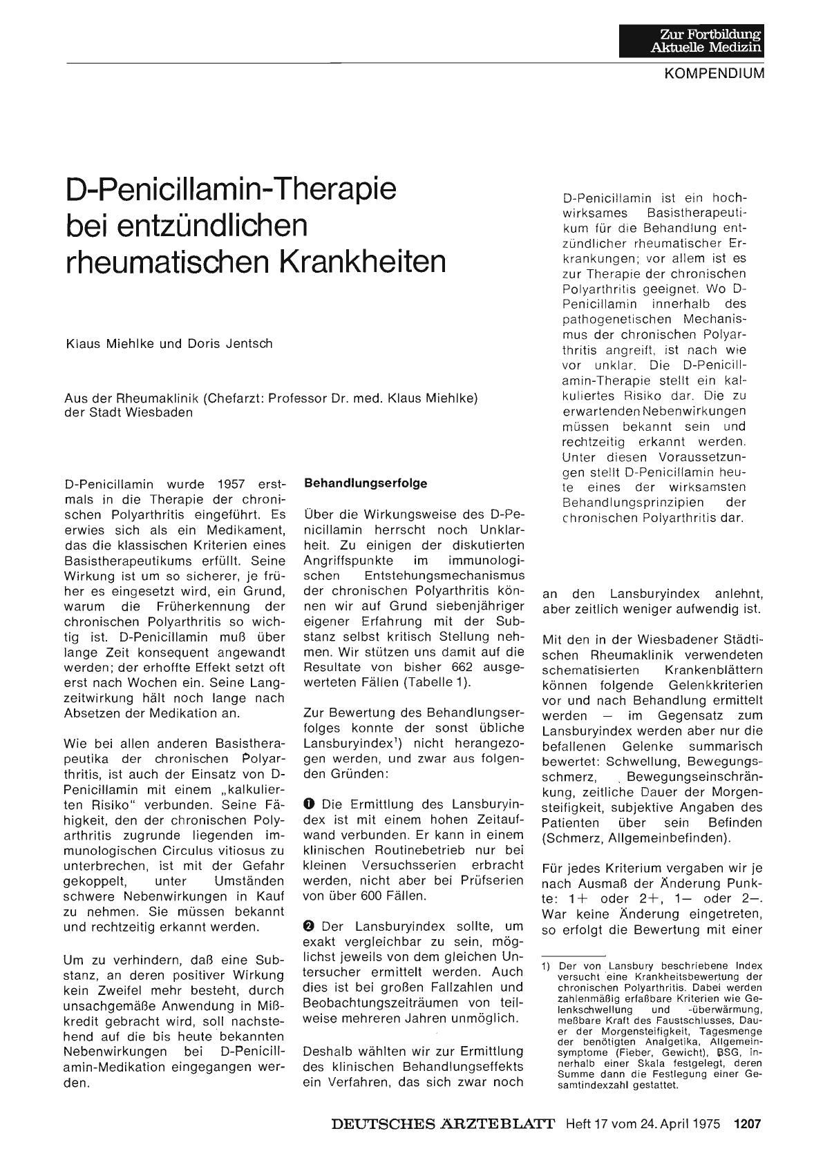 Vorschauseite 1: D-Penicillamin-Therapie bei entzündlichen rheumatischen Krankheiten