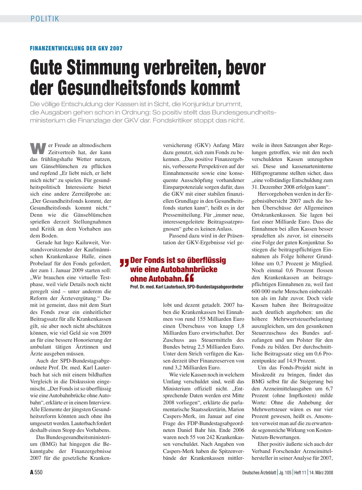 Vorschauseite 1: Finanzentwicklung der GKV 2007: Gute Stimmung verbreiten, bevor der Gesundheitsfonds kommt