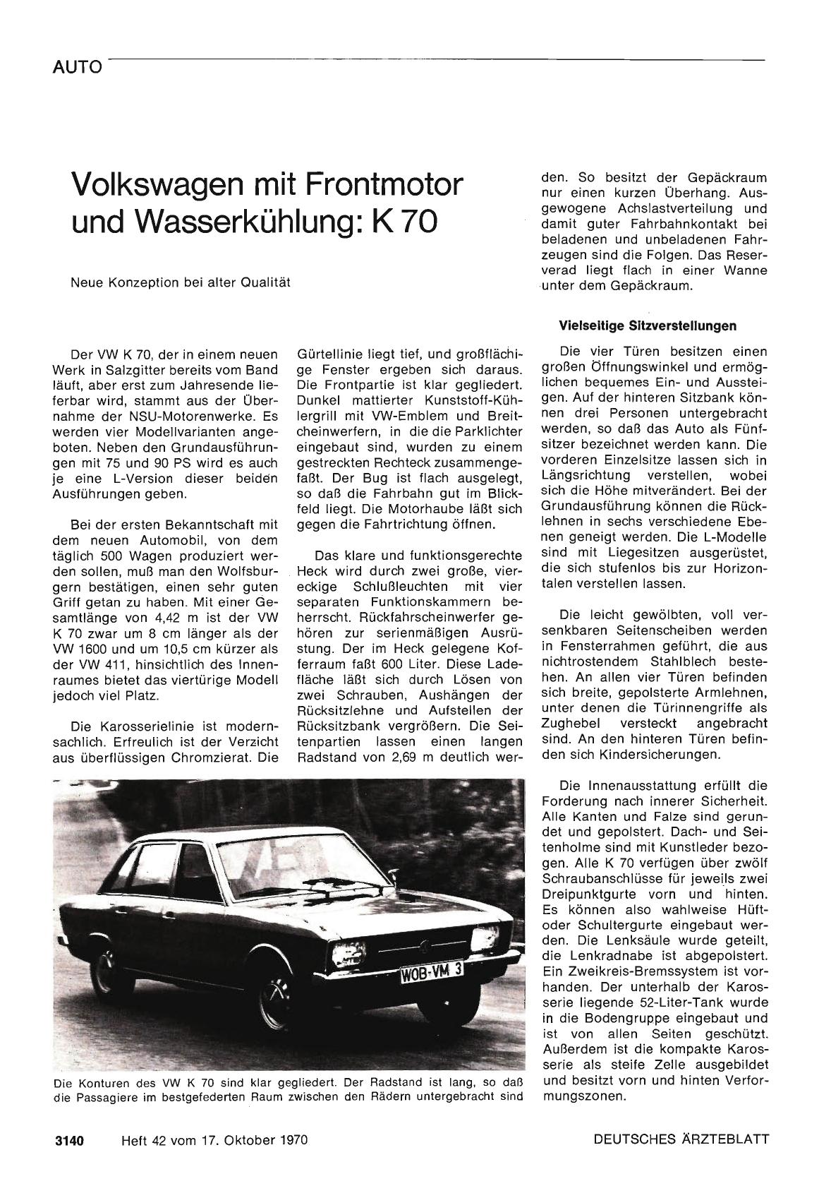 Vorschauseite 1: Volkswagen mit Frontmotor und Wasserkühlung: K 70