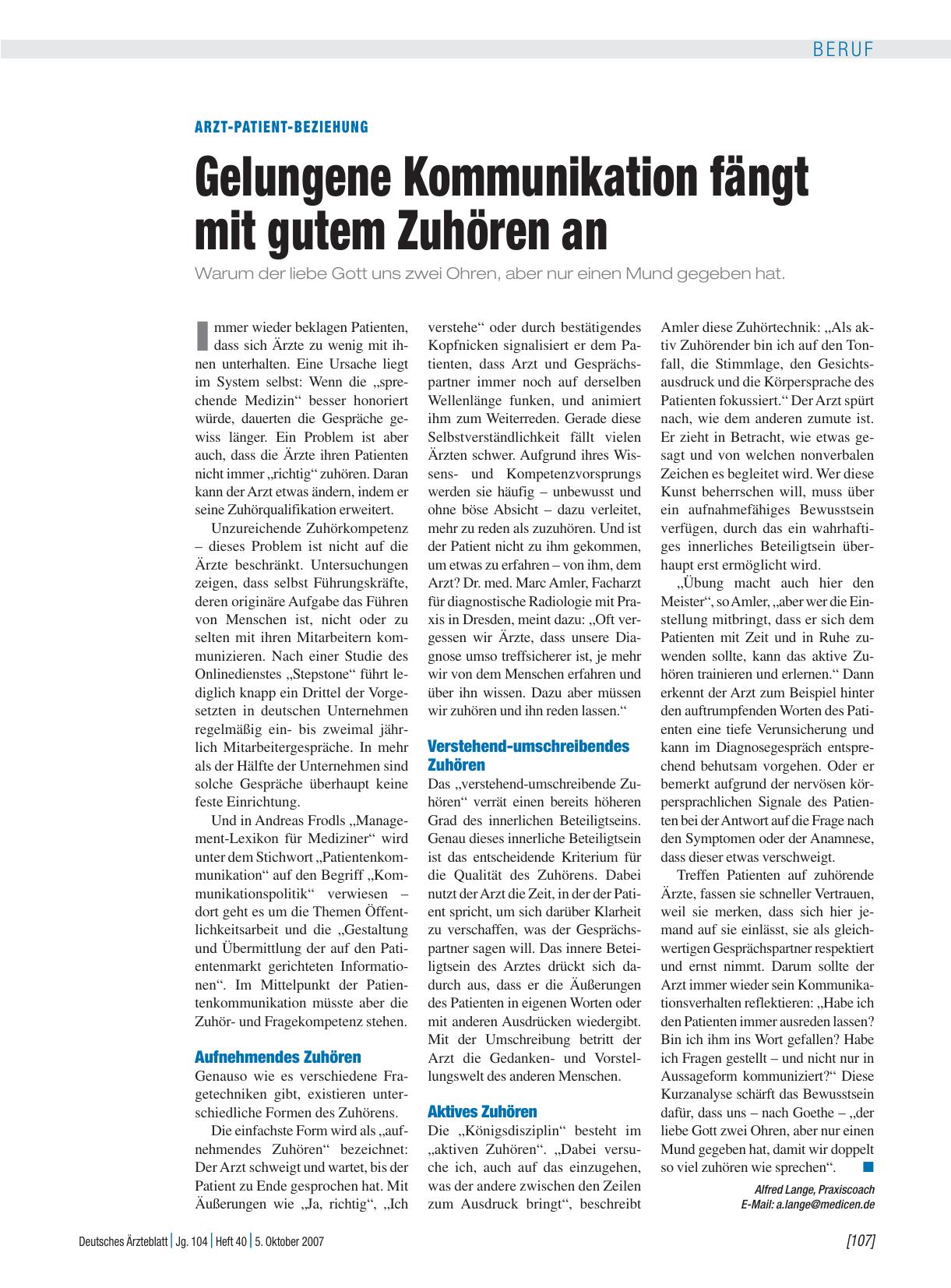 Vorschauseite 1: Arzt-Patient-Beziehung: Gelungene Kommunikation fängt mit gutem Zuhören an