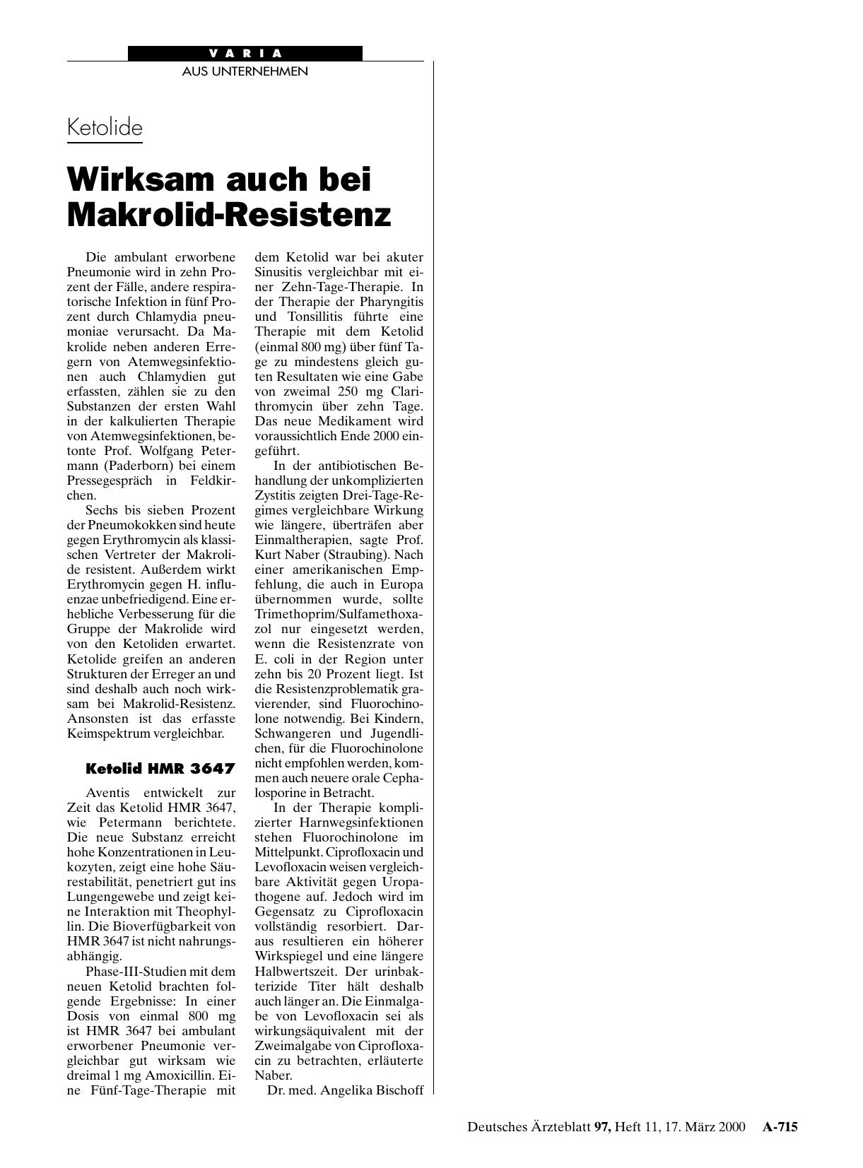 Vorschauseite 1: Ketolide: Wirksam auch bei Makrolid-Resistenz