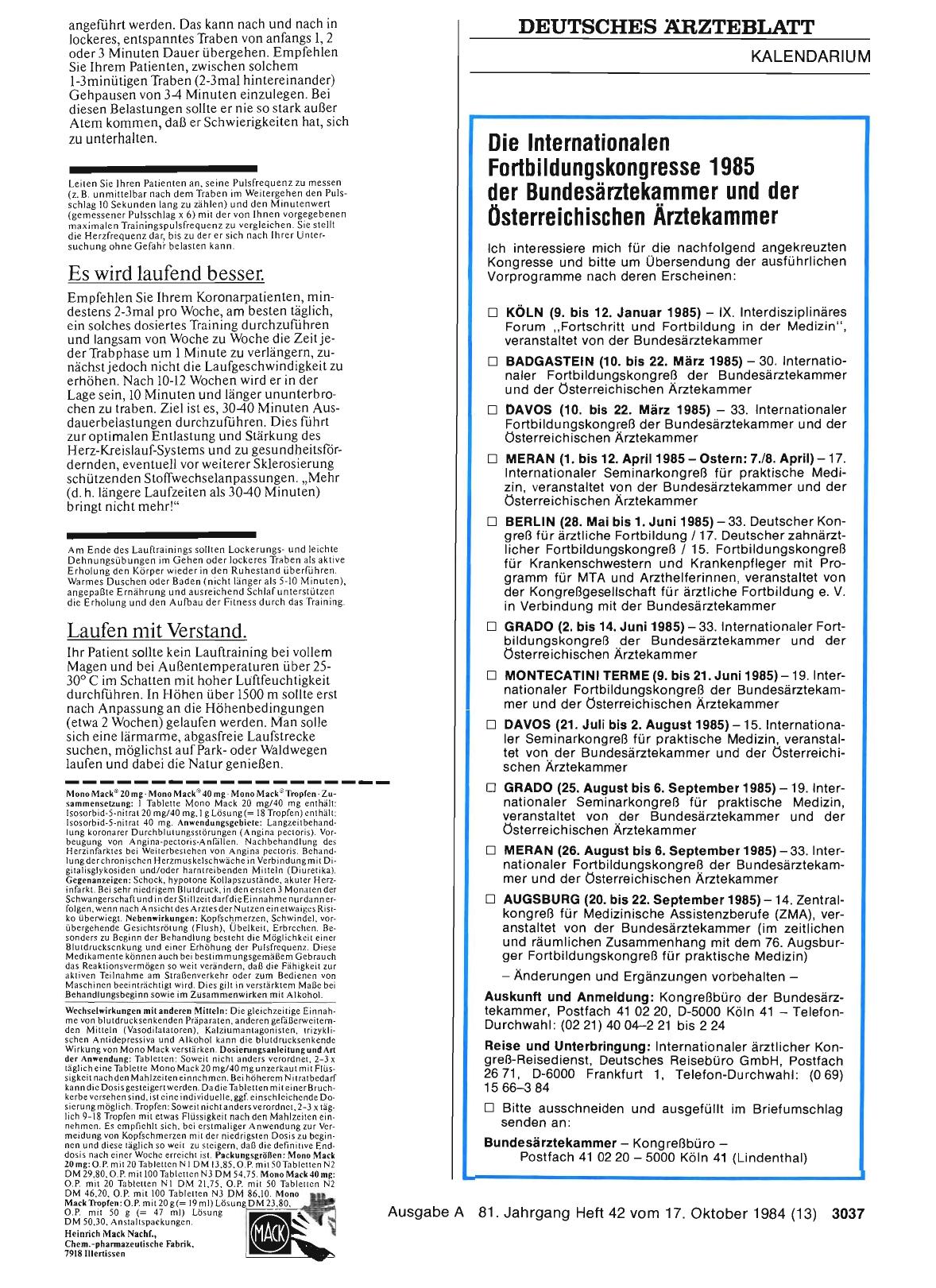 Vorschauseite 1: Die Internationalen Fortbildungskongresse 1985 der Bundesärztekammer und der Österreichischen Ärztekammer