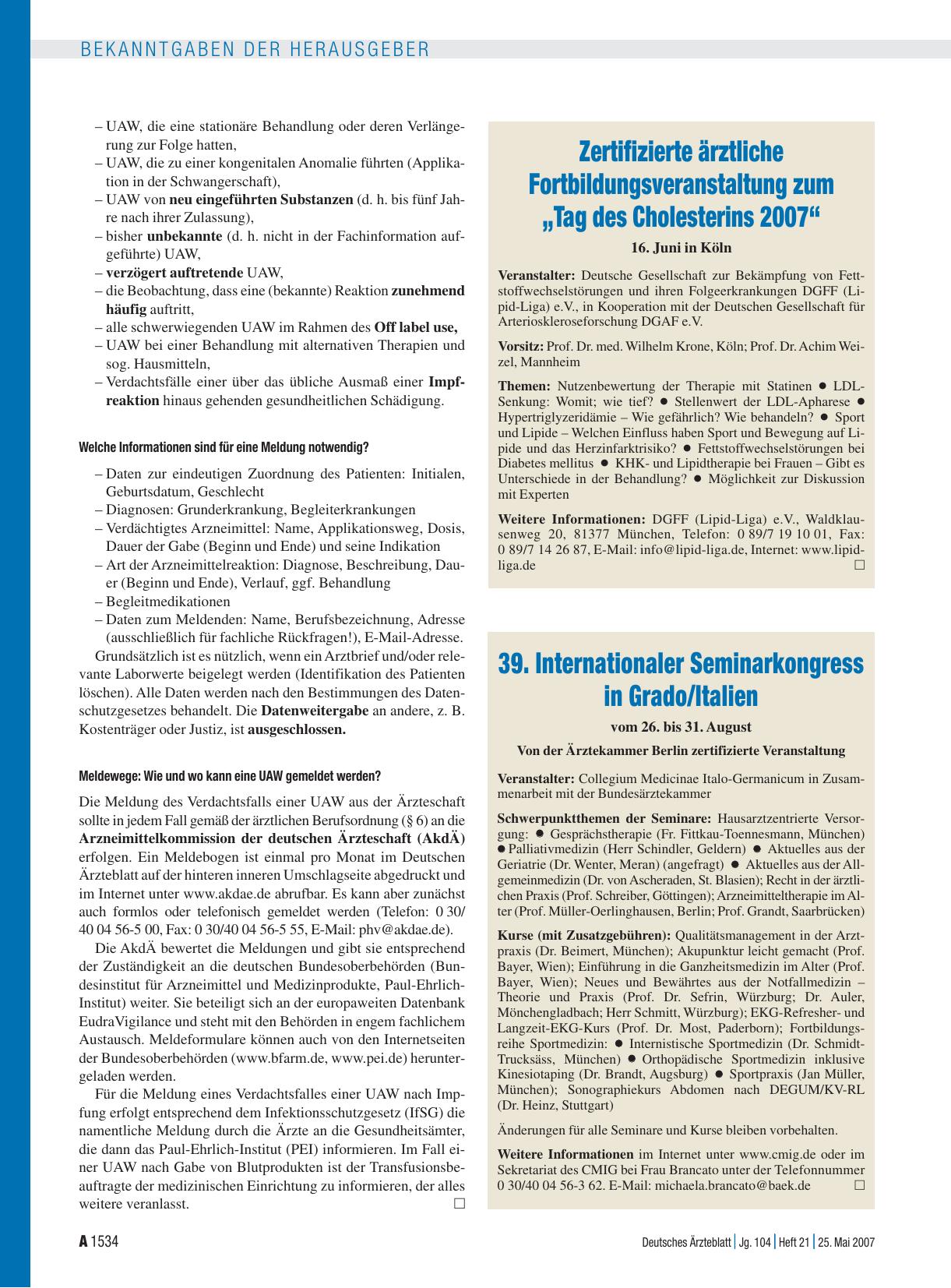 Vorschauseite 1: Zertifizierte ärztliche Fortbildungsveranstaltung zum „Tag des Cholesterins 2007“