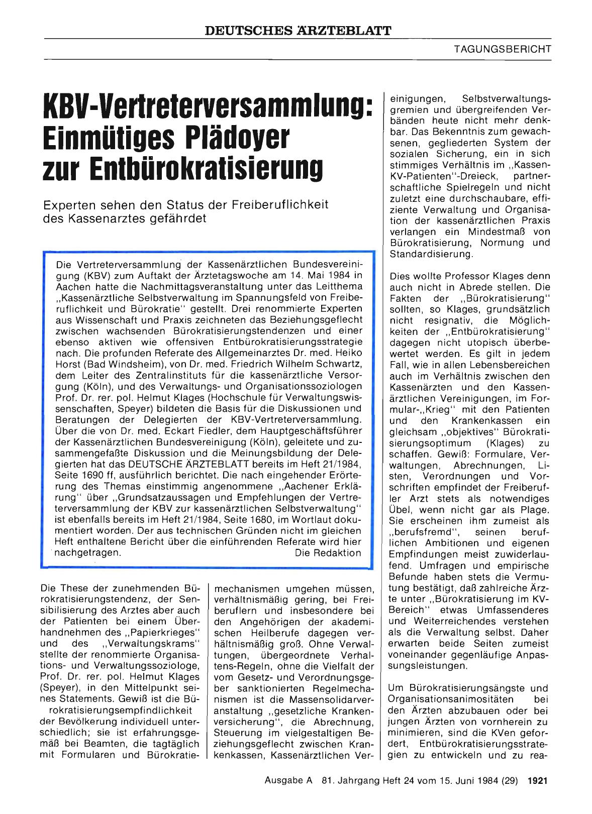 Vorschauseite 1: KBV-Vertreterversammlung: Einmütiges Plädoyer zur Entbürokratisierung