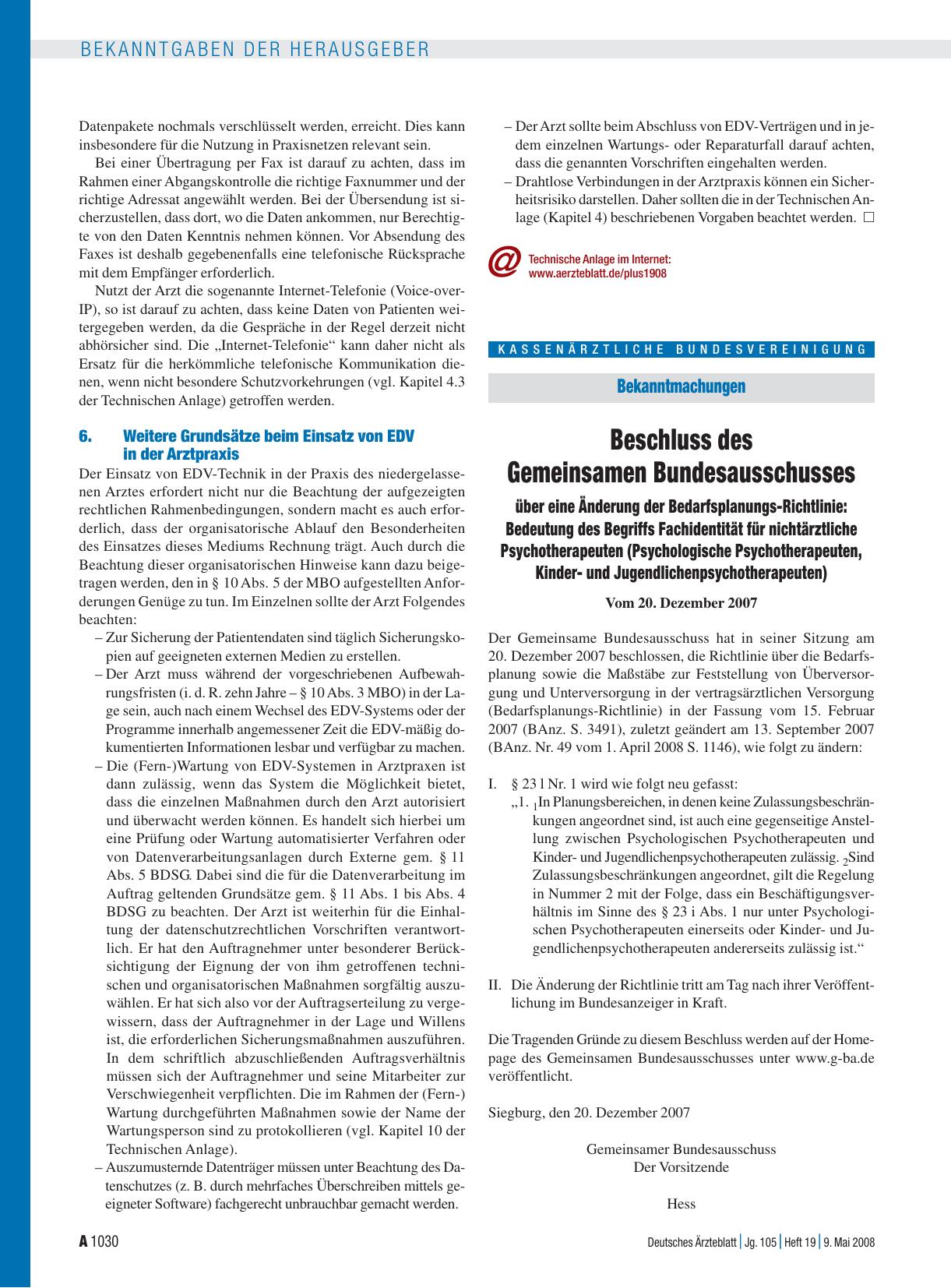 Vorschauseite 1: Bekanntmachungen: Beschluss des Gemeinsamen Bundesausschusses über eine Änderung der Bedarfsplanungs-Richtlinie: Bedeutung des Begriffs Fachidentität für nichtärztliche Psychother…
