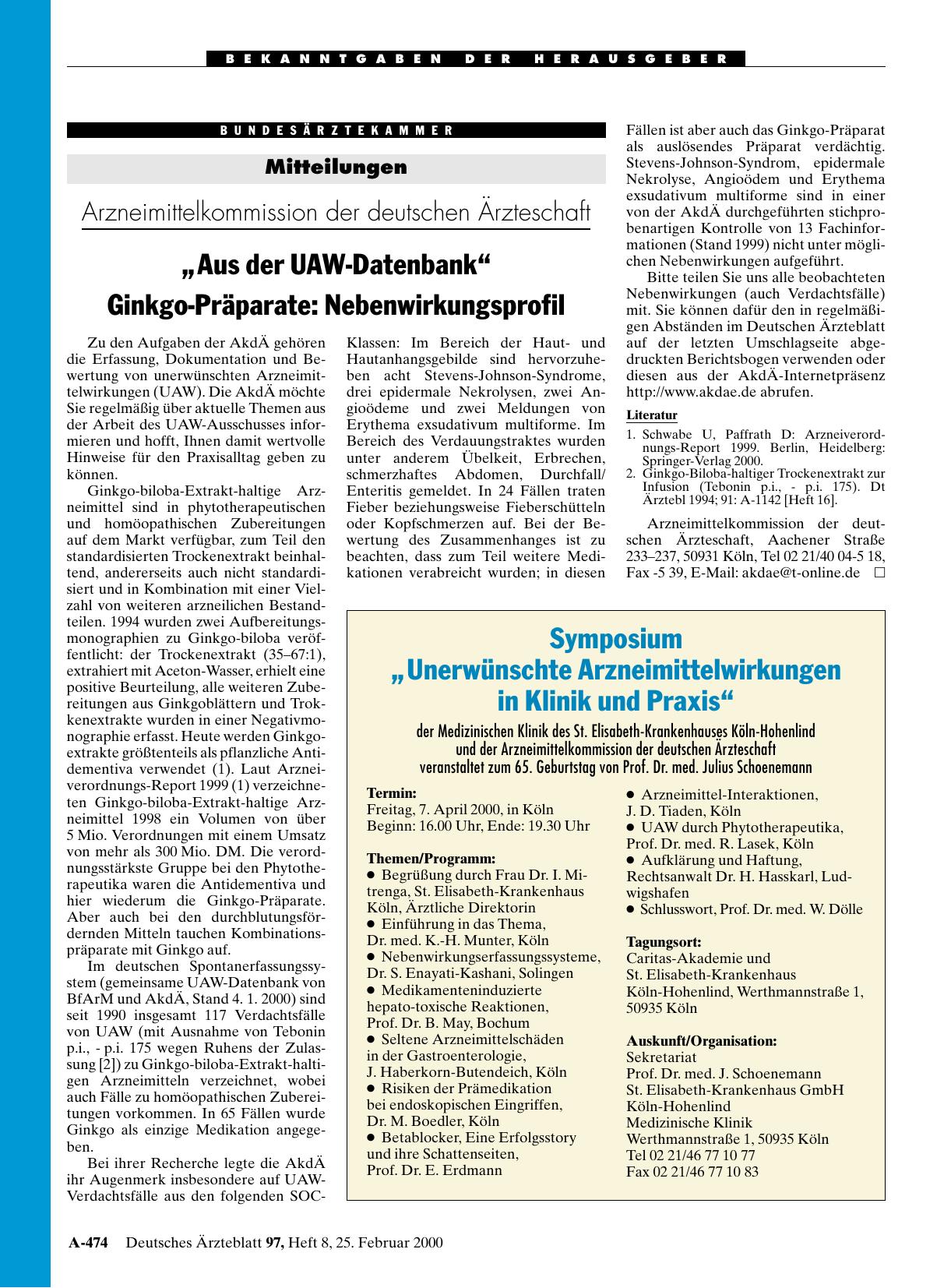 Vorschauseite 1: Symposium: „Unerwünschte Arzneimittelwirkungen in Klinik und Praxis“ der Medizinischen Klinik des St. Elisabeth-Krankenhauses Köln-Hohenlind und der Arzneimittelkommission der deu…