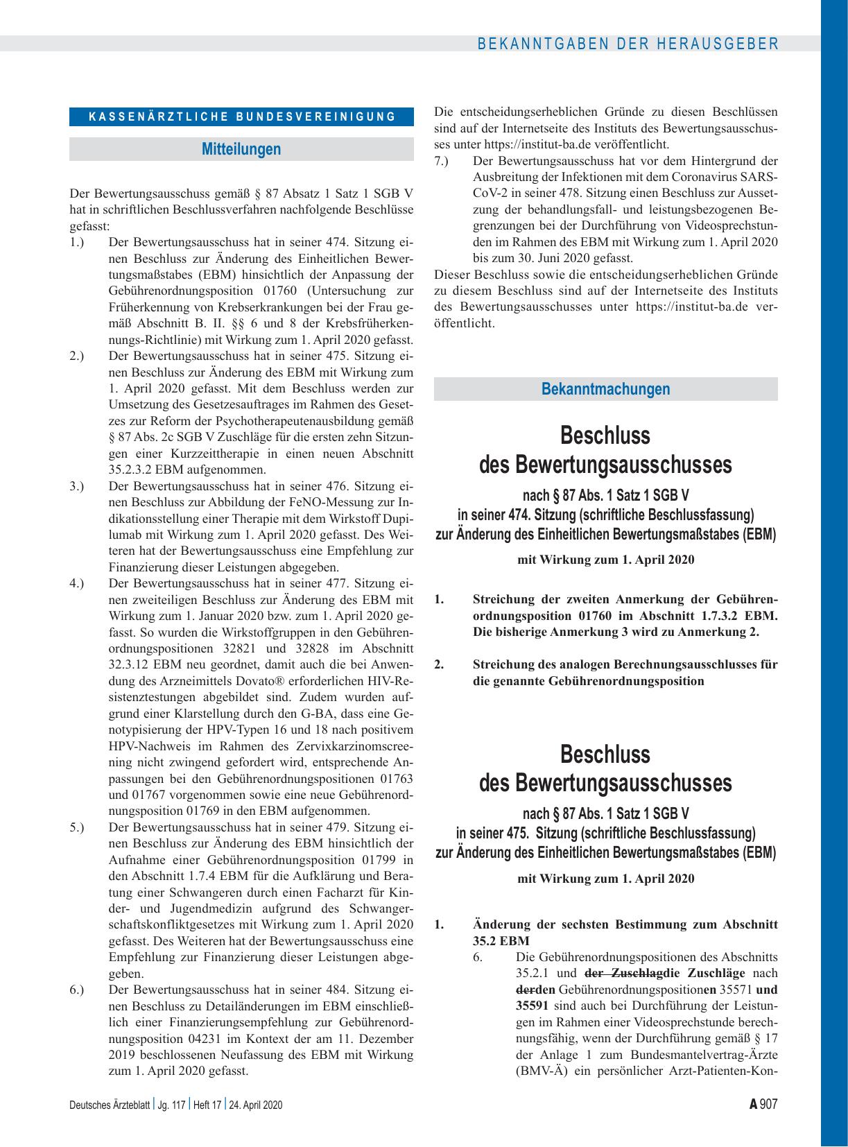Vorschauseite 1: Beschluss des Bewertungsausschusses nach § 87 Abs. 1 Satz 1 SGB V in seiner 474. Sitzung (schriftliche Beschlussfassung) zur Änderung des Einheitlichen Bewertungsmaßstabes (EBM):…