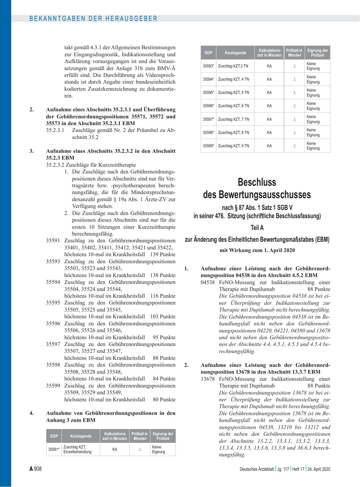Vorschauseite 2: Beschluss des Bewertungsausschusses nach § 87 Abs. 1 Satz 1 SGB V in seiner 474. Sitzung (schriftliche Beschlussfassung) zur Änderung des Einheitlichen Bewertungsmaßstabes (EBM):…