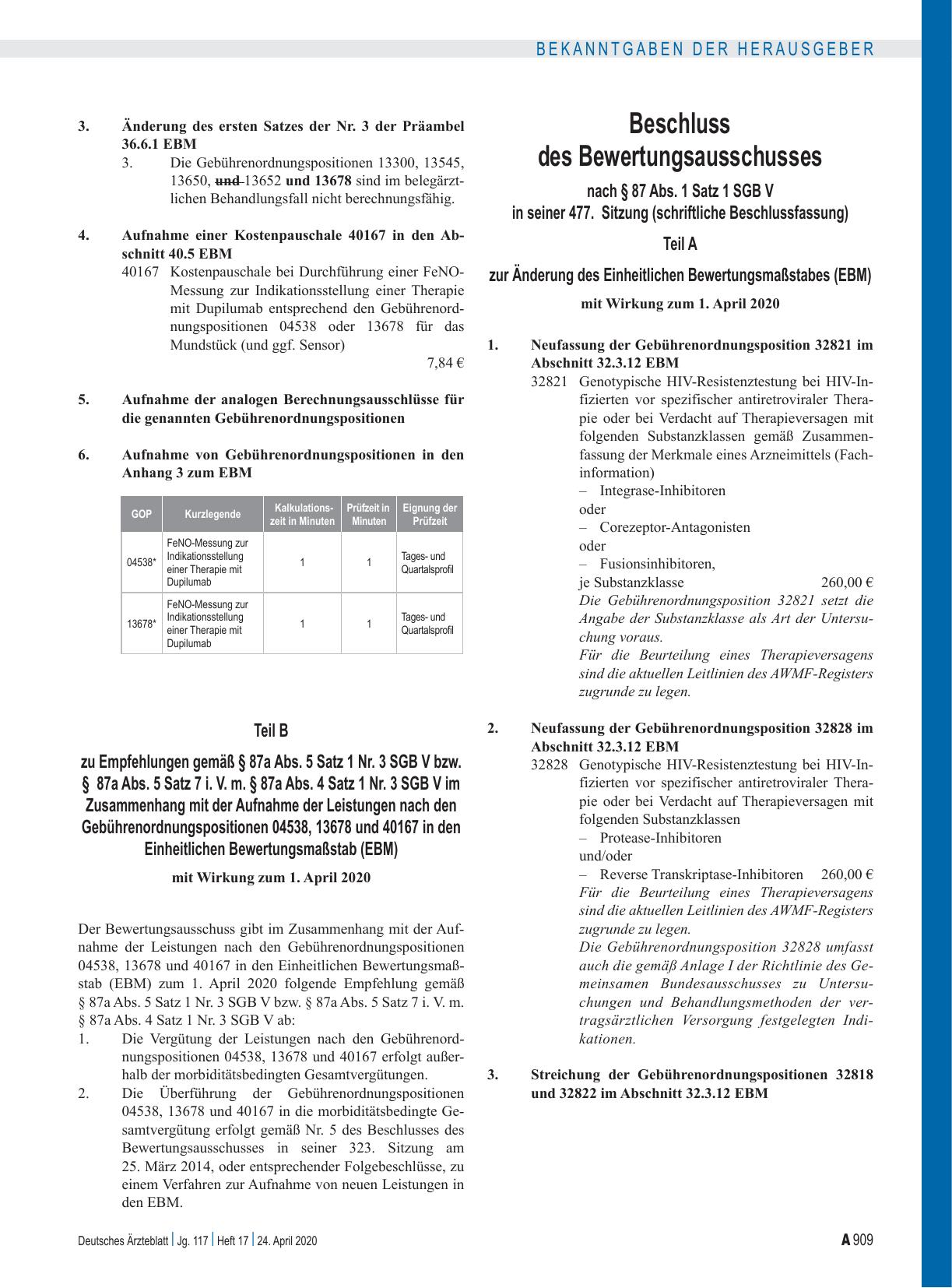 Vorschauseite 3: Beschluss des Bewertungsausschusses nach § 87 Abs. 1 Satz 1 SGB V in seiner 474. Sitzung (schriftliche Beschlussfassung) zur Änderung des Einheitlichen Bewertungsmaßstabes (EBM):…