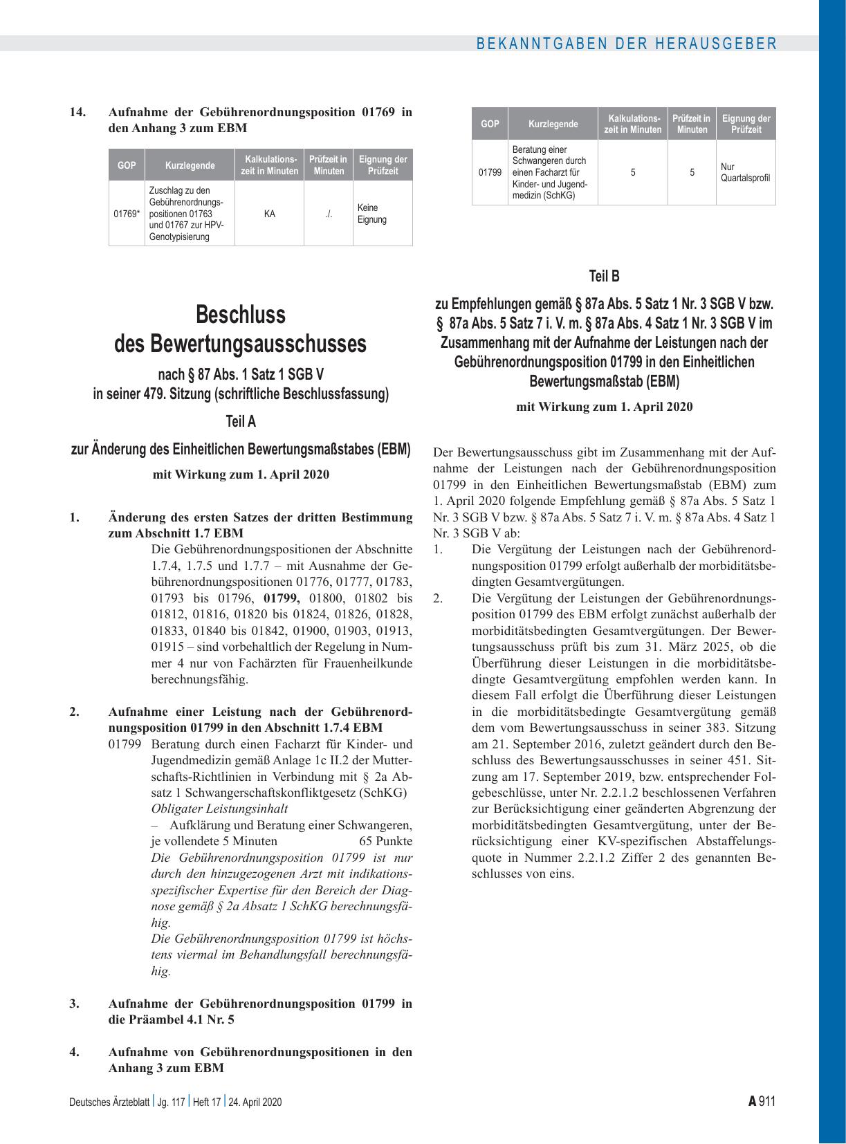 Vorschauseite 5: Beschluss des Bewertungsausschusses nach § 87 Abs. 1 Satz 1 SGB V in seiner 474. Sitzung (schriftliche Beschlussfassung) zur Änderung des Einheitlichen Bewertungsmaßstabes (EBM):…