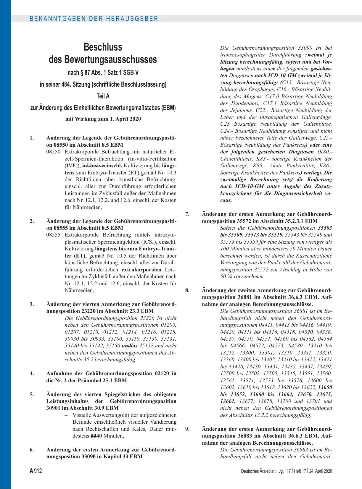 Vorschauseite 6: Beschluss des Bewertungsausschusses nach § 87 Abs. 1 Satz 1 SGB V in seiner 474. Sitzung (schriftliche Beschlussfassung) zur Änderung des Einheitlichen Bewertungsmaßstabes (EBM):…