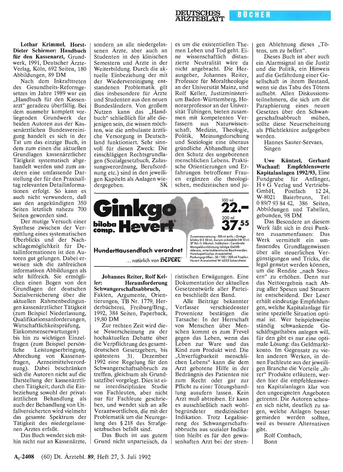 Vorschauseite 1: Uwe Küntzel, Gerhard Wachauf: Empfehlenswerte Kapitalanlagen 1992/93