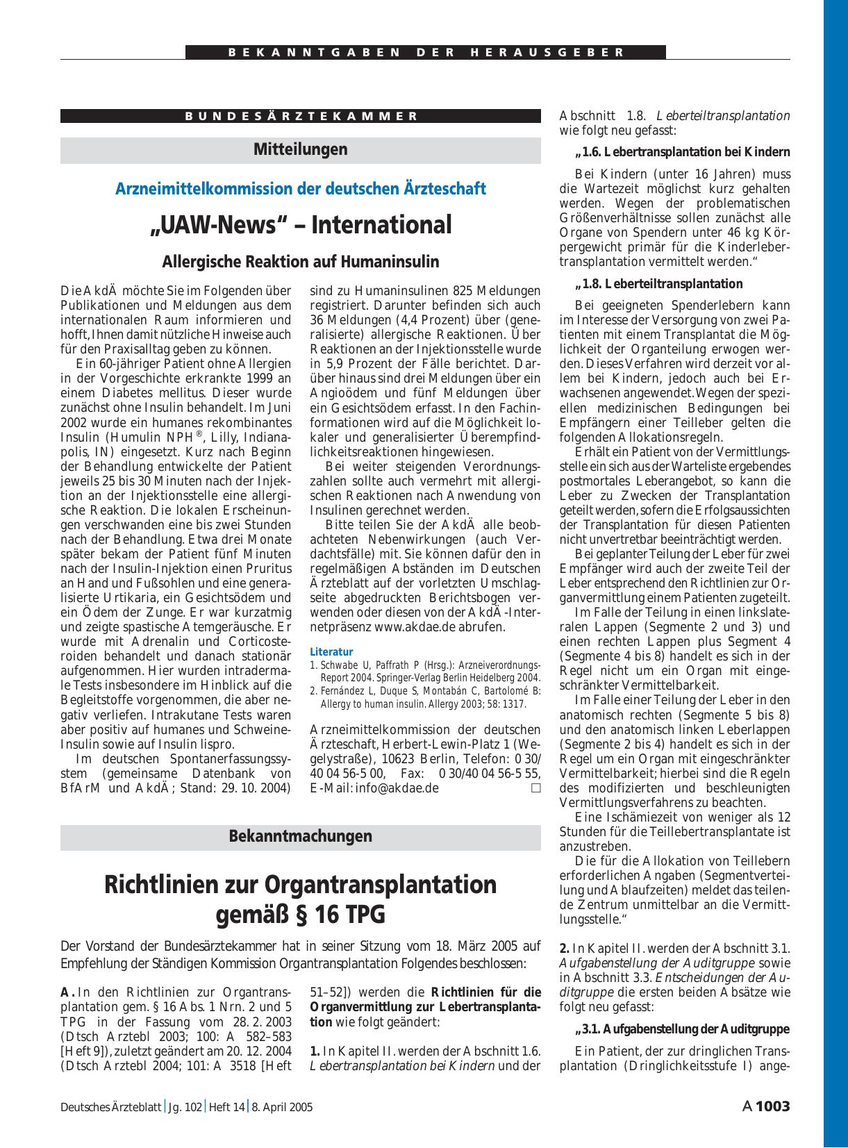 Vorschauseite 1: Bekanntmachungen: Richtlinien zur Organtransplantation gemäß § 16 TPG