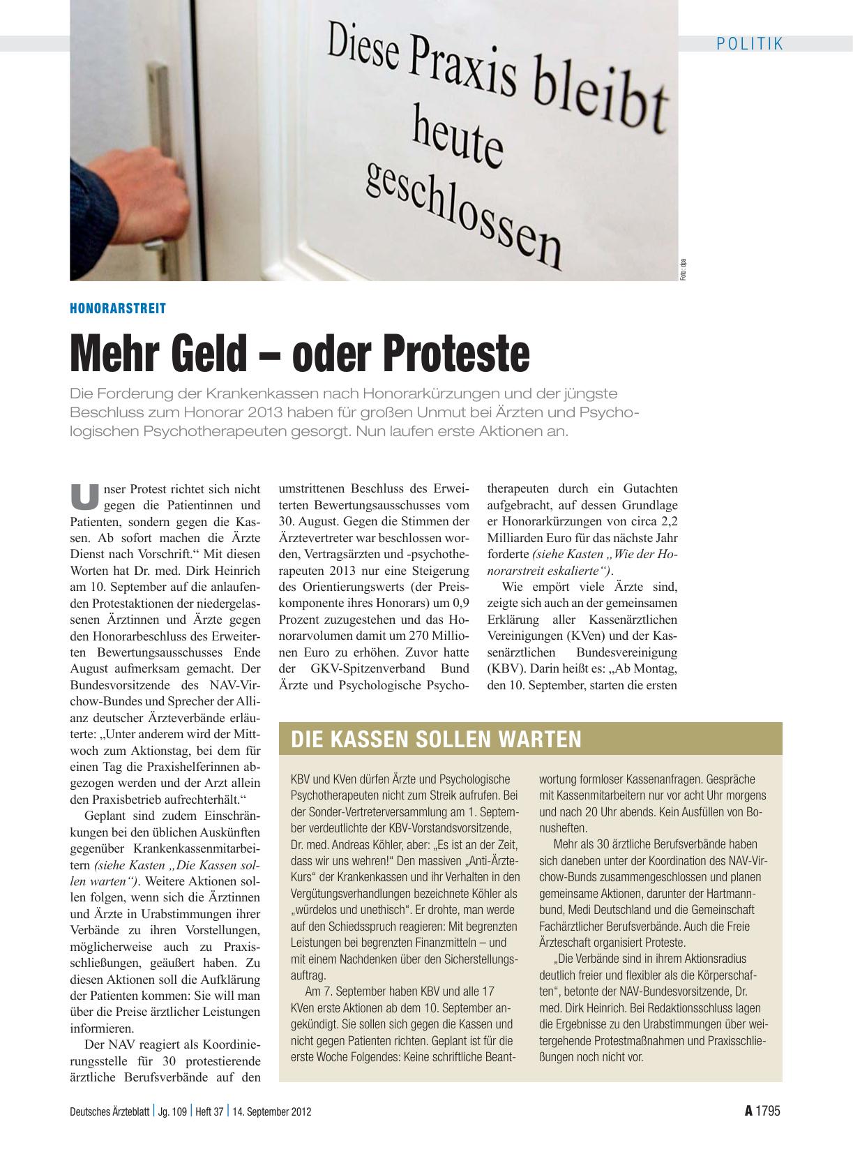 Vorschauseite 1: Honorarstreit: Mehr Geld – oder Proteste