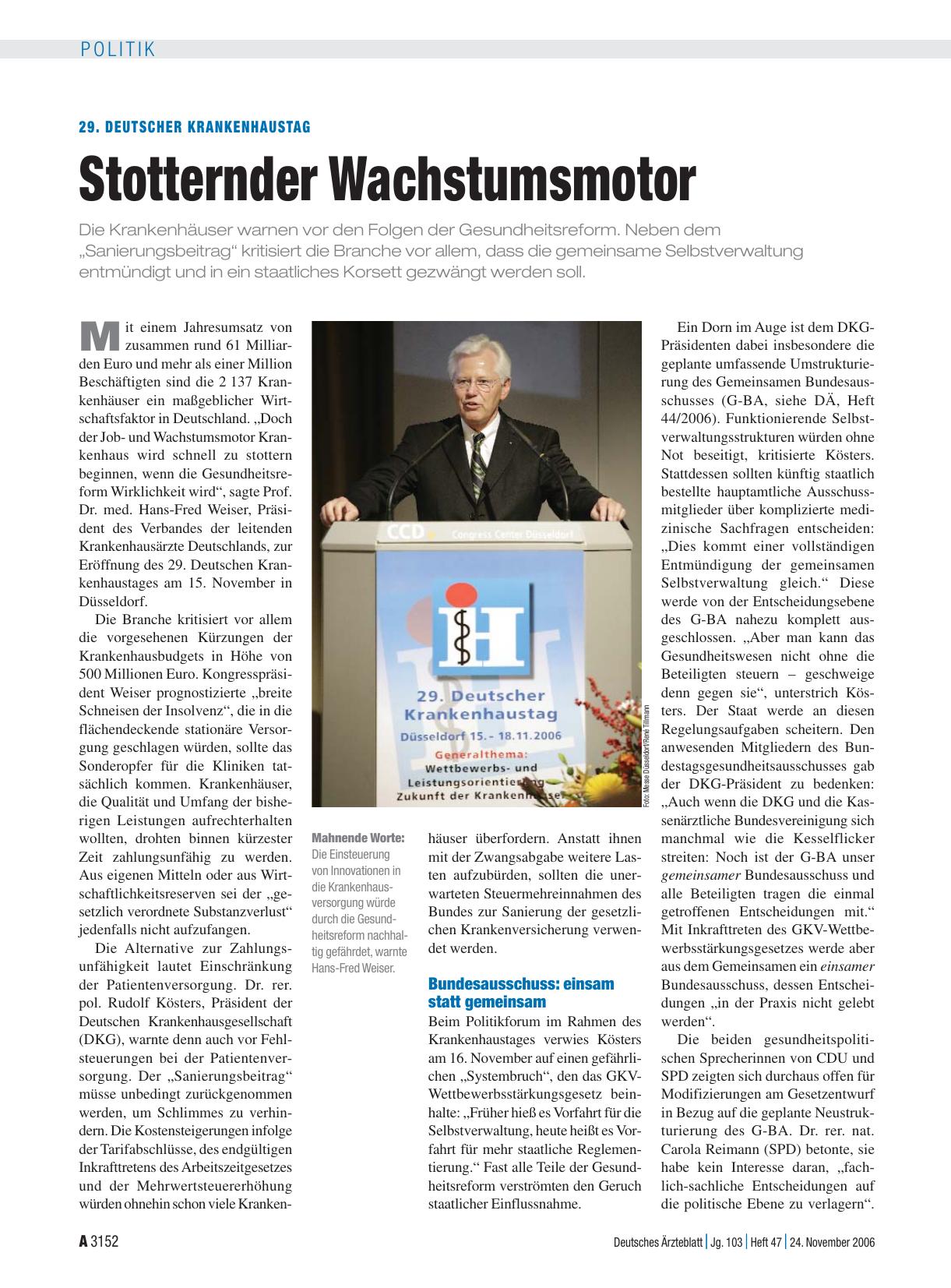 Vorschauseite 1: 29. Deutscher Krankenhaustag: Stotternder Wachstumsmotor
