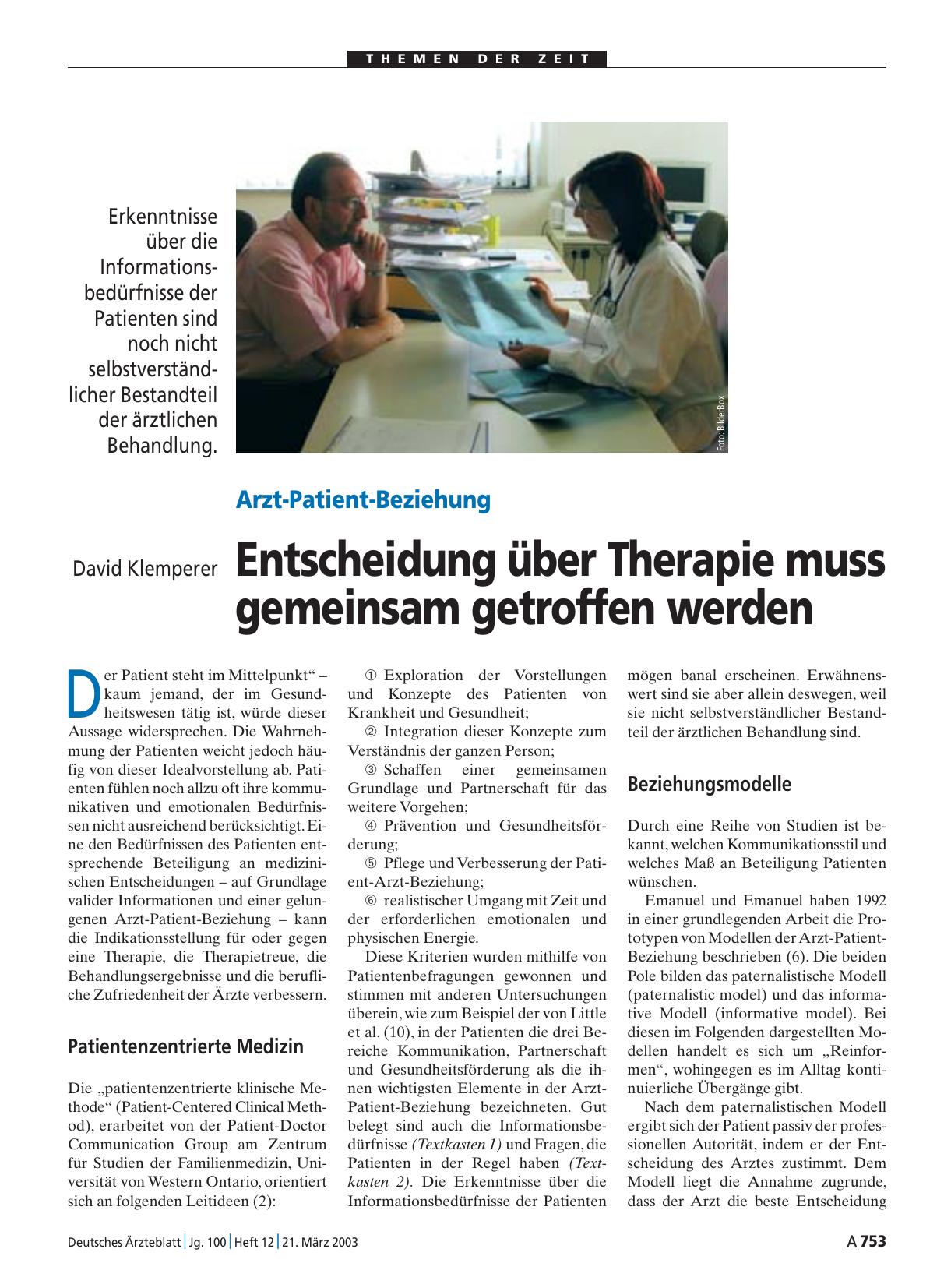 Vorschauseite 1: Arzt-Patient-Beziehung: Entscheidung über Therapie muss gemeinsam getroffen werden
