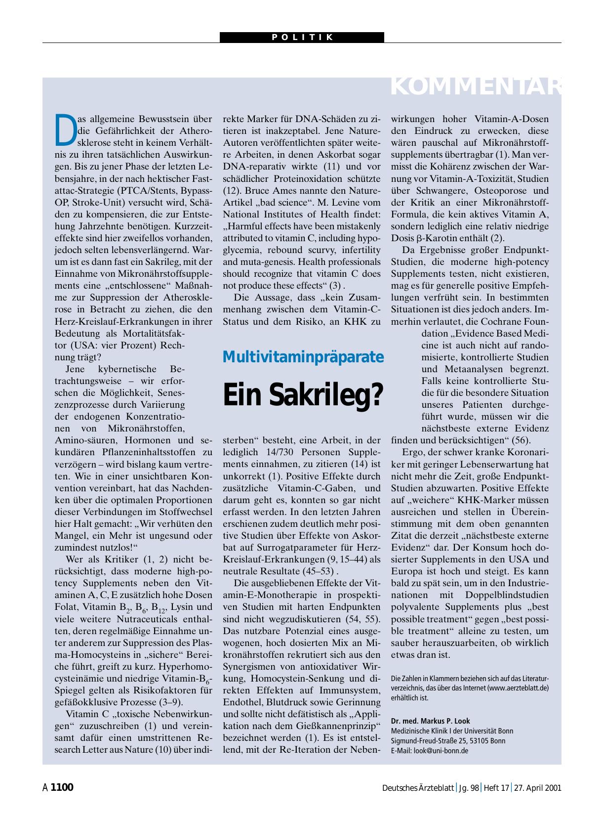 Vorschauseite 1: Multivitaminpräparate Ein Sakrileg?