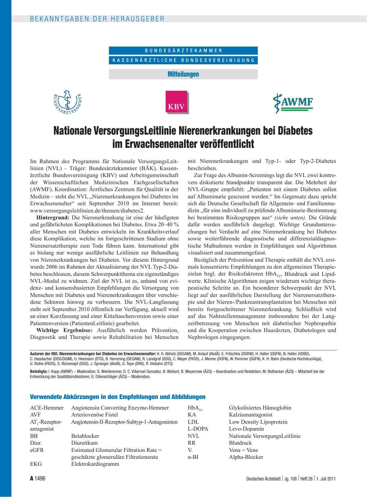 Vorschauseite 1: Nationale VersorgungsLeitlinie Nierenerkrankungen bei Diabetes im Erwachsenenalter veröffentlicht