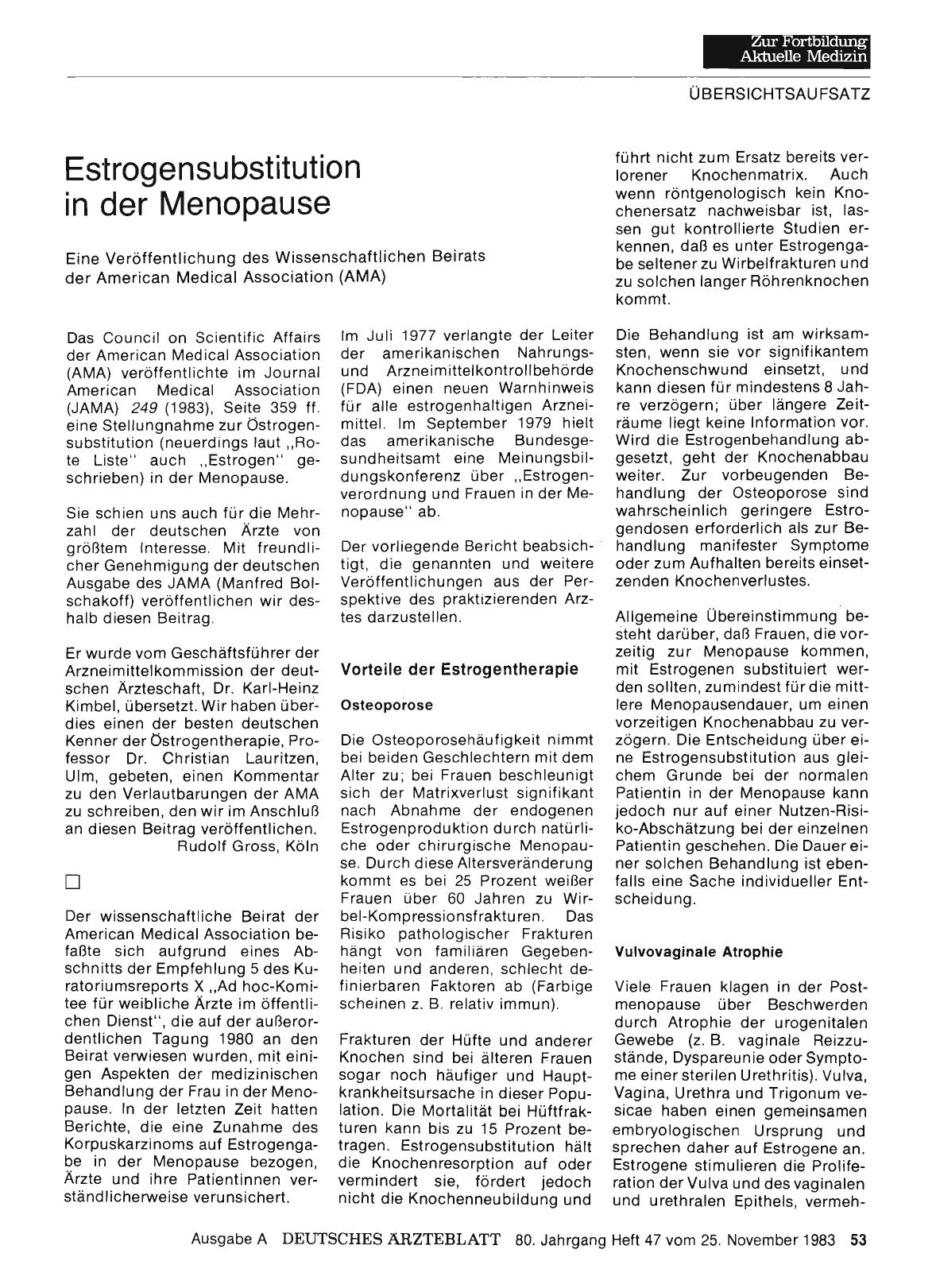 Vorschauseite 1: Estrogensubstitution in der Menopause: Eine Veröffentlichung des Wissenschaftlichen Beirats der American Medical Association (AMA)