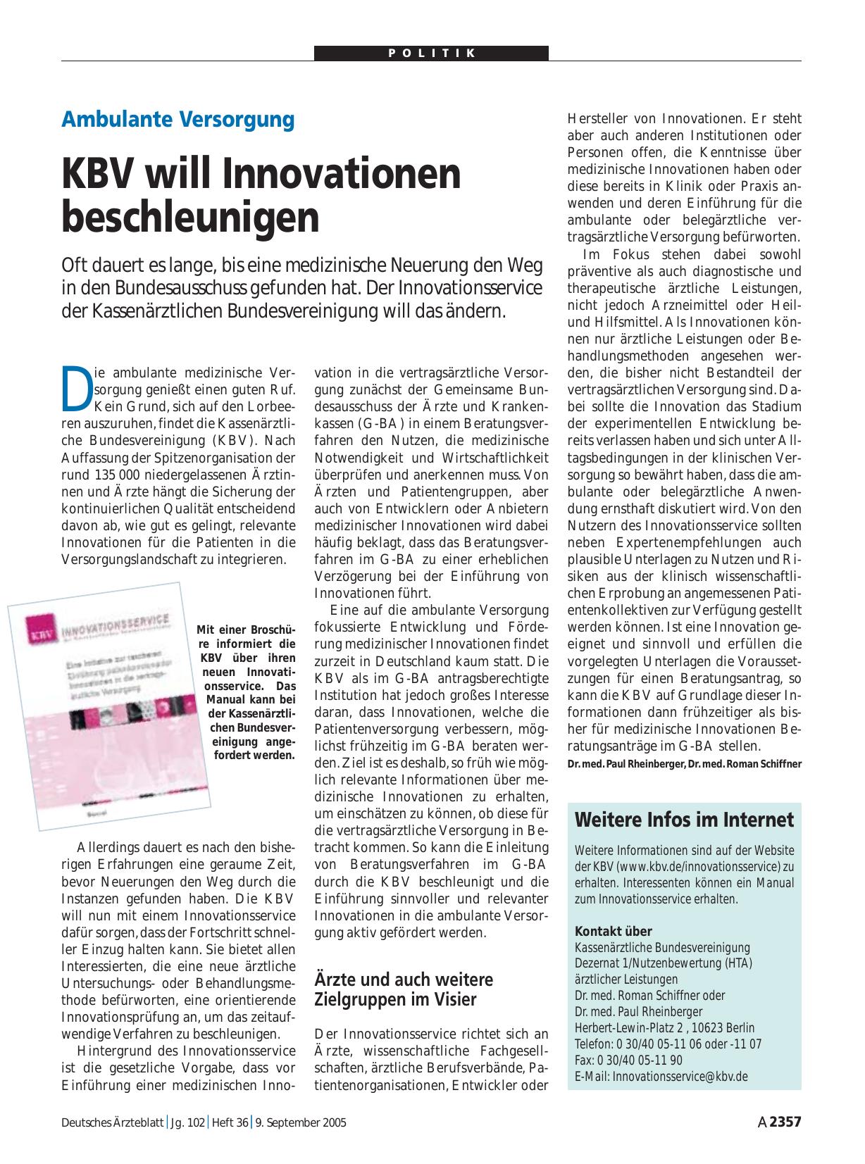 Vorschauseite 1: Ambulante Versorgung: KBV will Innovationen beschleunigen