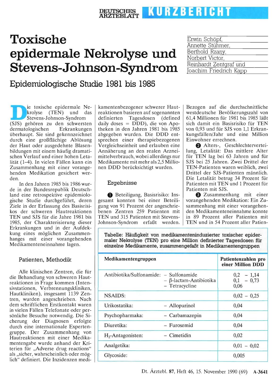 Vorschauseite 1: Toxische epidermale Nekrolyse und Stevens-Johnson-Syndrom: Epidemiologische Studie 1981 bis 1985