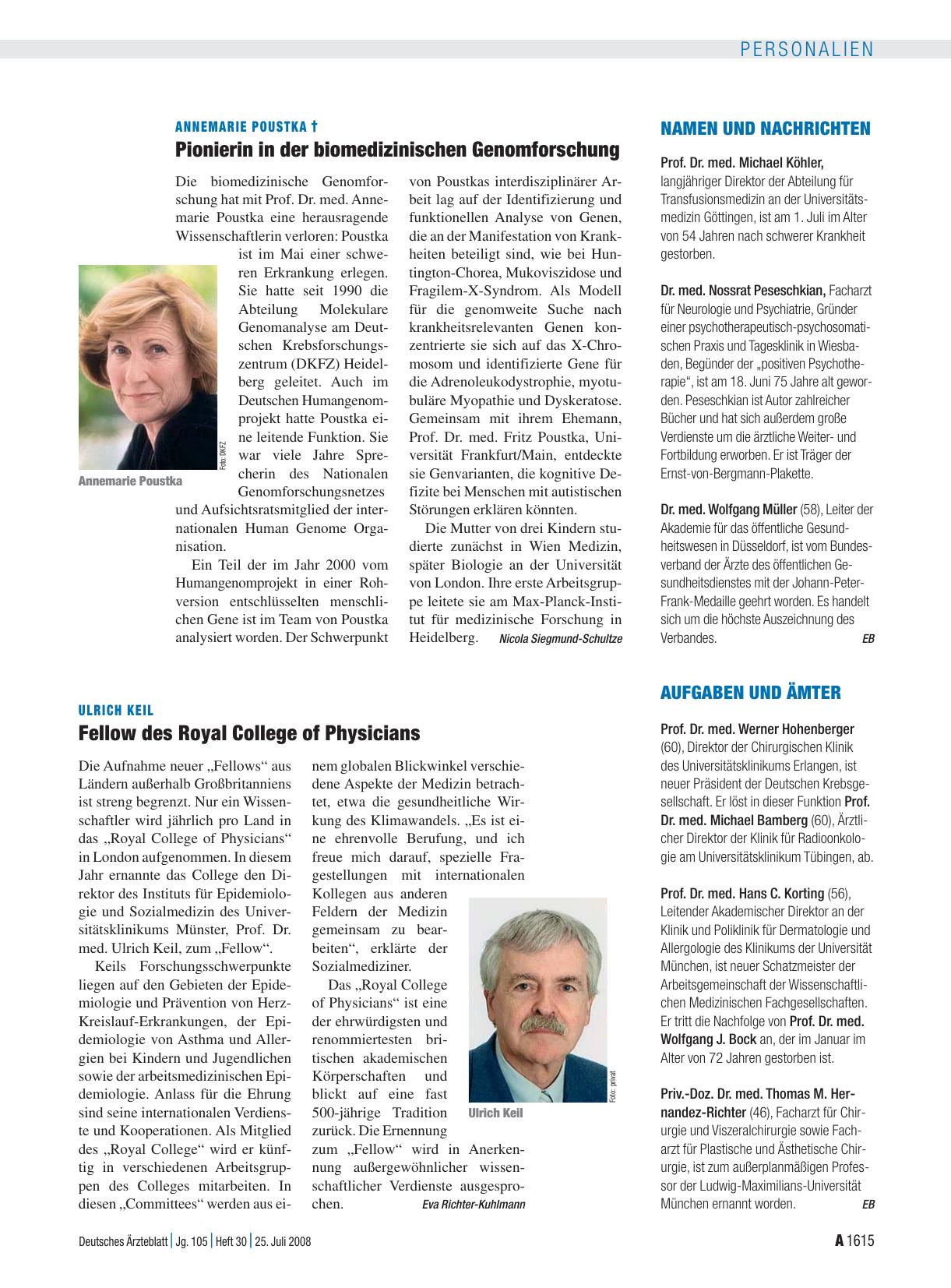 Vorschauseite 1: Annemarie Poustka† Pionierin in der biomedizinischen Genomforschung