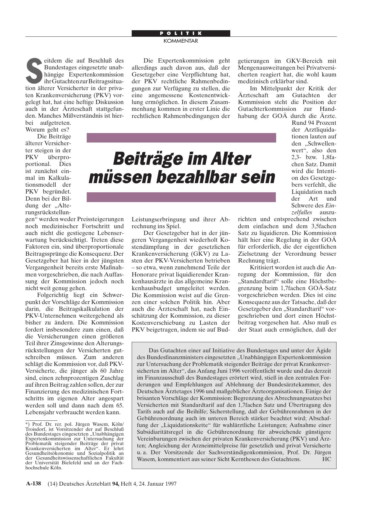 Vorschauseite 1: Gutachten einer „Unabhängigen Expertenkommission zur Untersuchung der Problematik steigender Beiträge der privat Krankenversicherten im Alter“