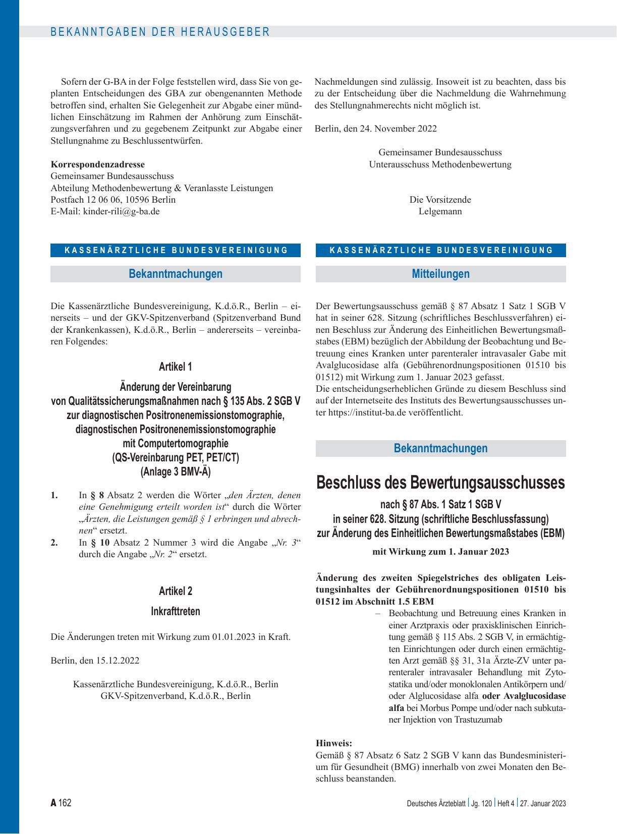 Vorschauseite 1: Änderung der Vereinbarung von Qualitätssicherungsmaßnahmen nach § 135 Abs. 2 SGB V zur diagnostischen Positronenemissionstomographie, diagnostischen Positronenemissionstomographie…