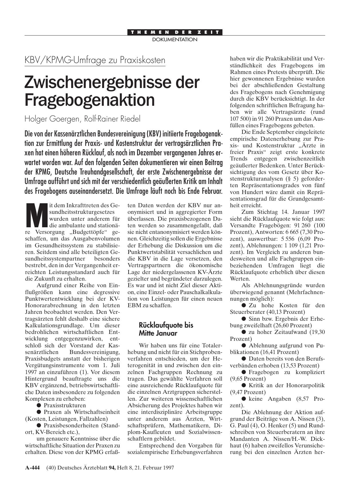 Vorschauseite 1: KBV/KPMG-Umfrage zu Praxiskosten: Zwischenergebnisse der Fragebogenaktion