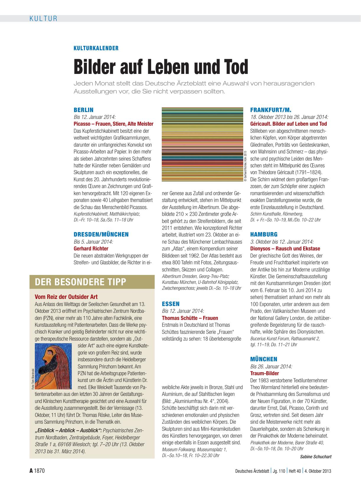 Vorschauseite 1: Kulturkalender: Bilder auf Leben und Tod