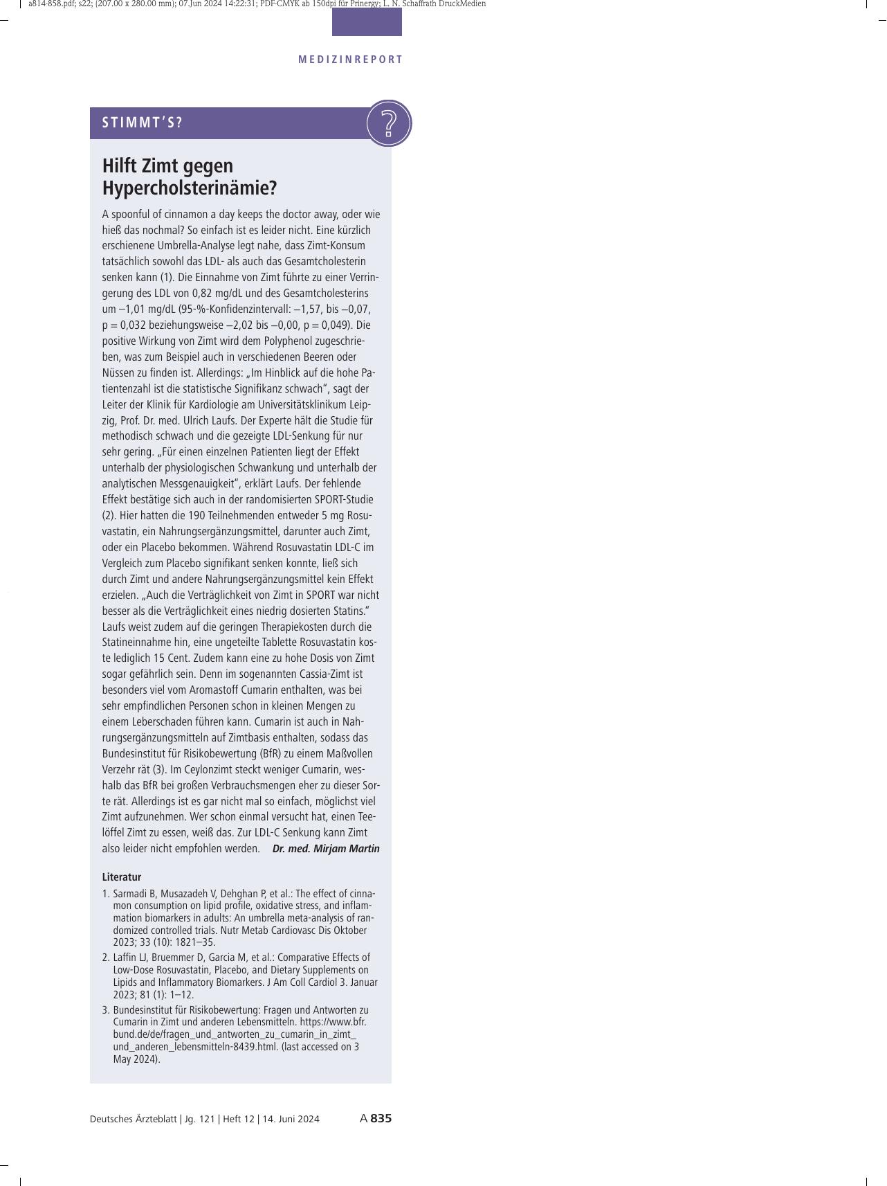 Vorschauseite 1: Hilft Zimt gegen Hypercholesterinämie?