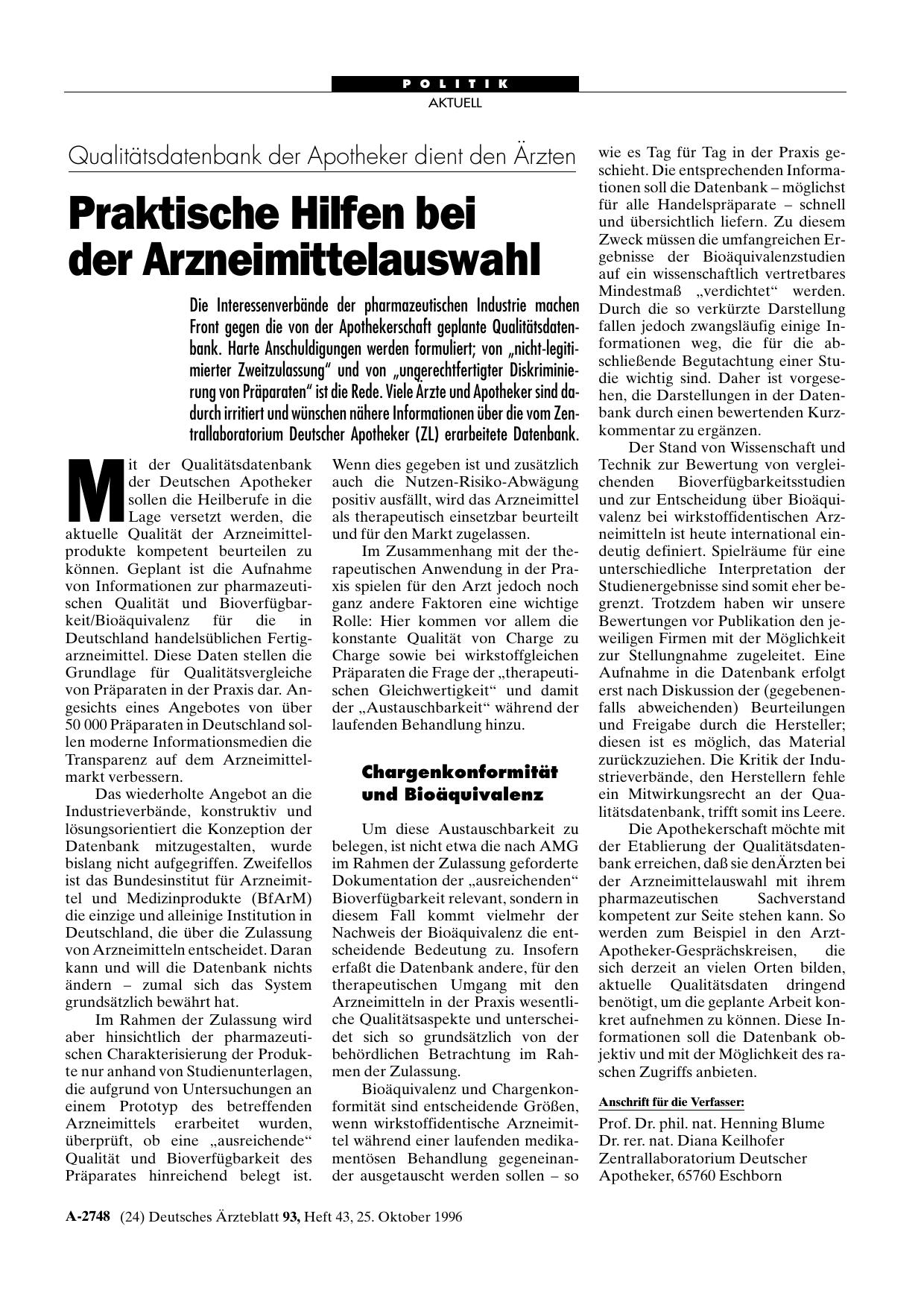 Vorschauseite 1: Qualitätsdatenbank der Apotheker dient den Ärzten: Praktische Hilfen bei der Arzneimittelauswahl