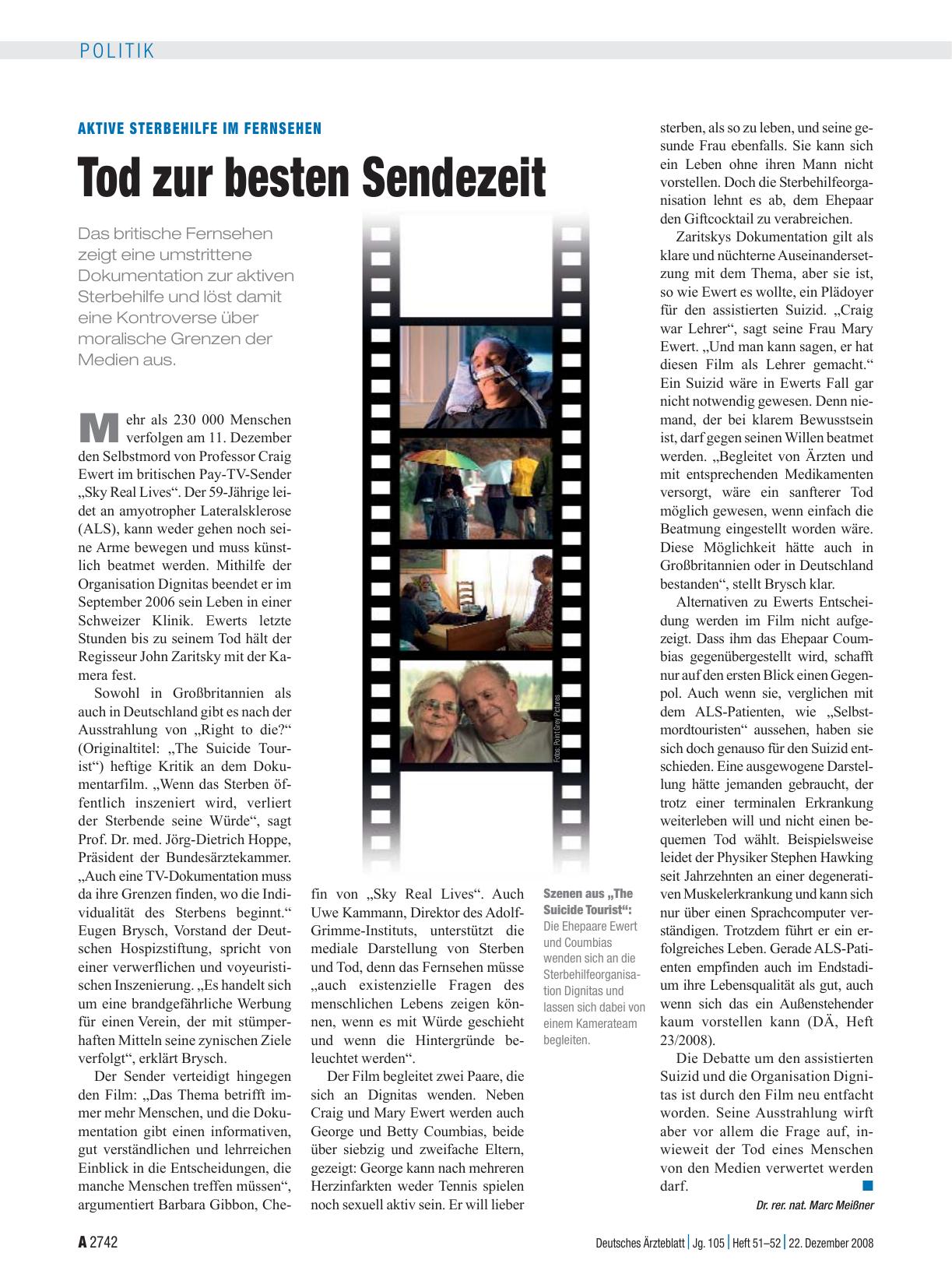 Vorschauseite 1: Aktive Sterbehilfe im Fernsehen: Tod zur besten Sendezeit