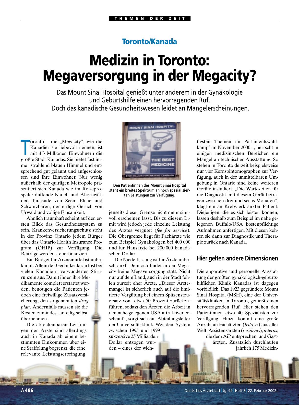 Vorschauseite 1: Toronto/Kanada Medizin in Toronto: Megaversorgung in der Megacity?