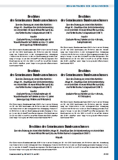 Vorschauseite 1: Beschluss des Gemeinsamen Bundesausschusses über eine Änderung der Arzneimittel-Richtlinie: Anlage XII – Ivacaftor (zystische Fibrose, Patienten ab 4 bis < 6 Monate, R117H-Mutatio…
