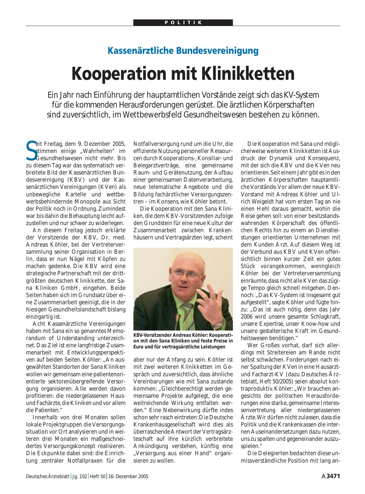 Vorschauseite 1: Kassenärztliche Bundesvereinigung: Kooperation mit Klinikketten