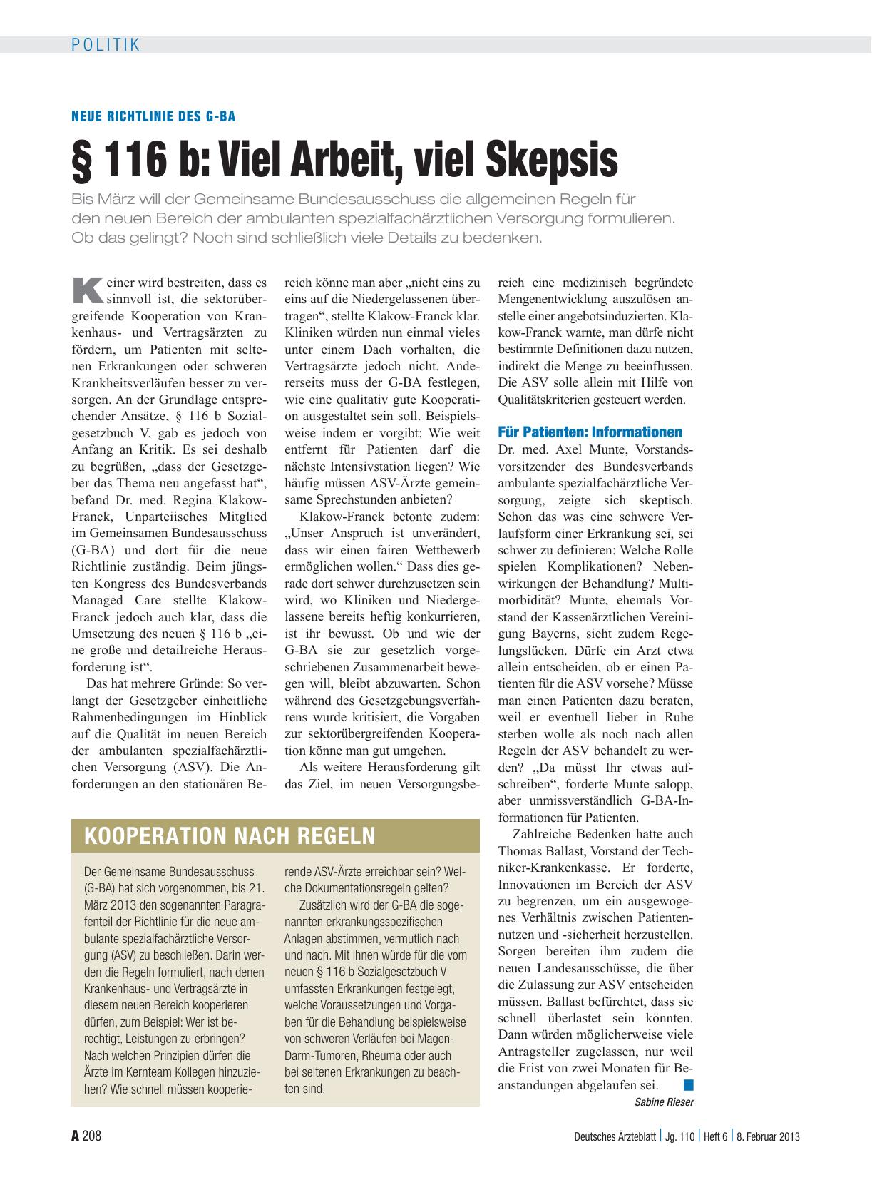 Vorschauseite 1: Neue Richtlinie des G-BA: § 116 b: Viel Arbeit, viel Skepsis