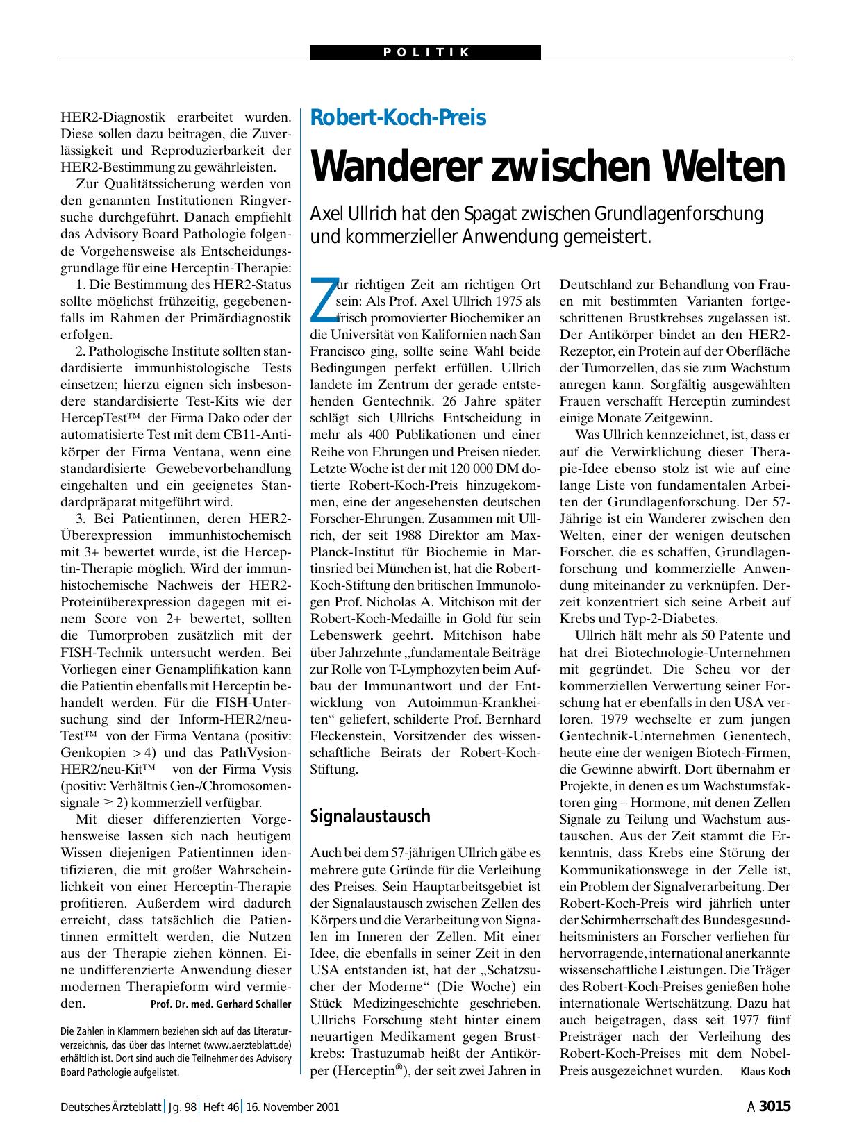 Vorschauseite 1: Robert-Koch-Preis: Wanderer zwischen Welten