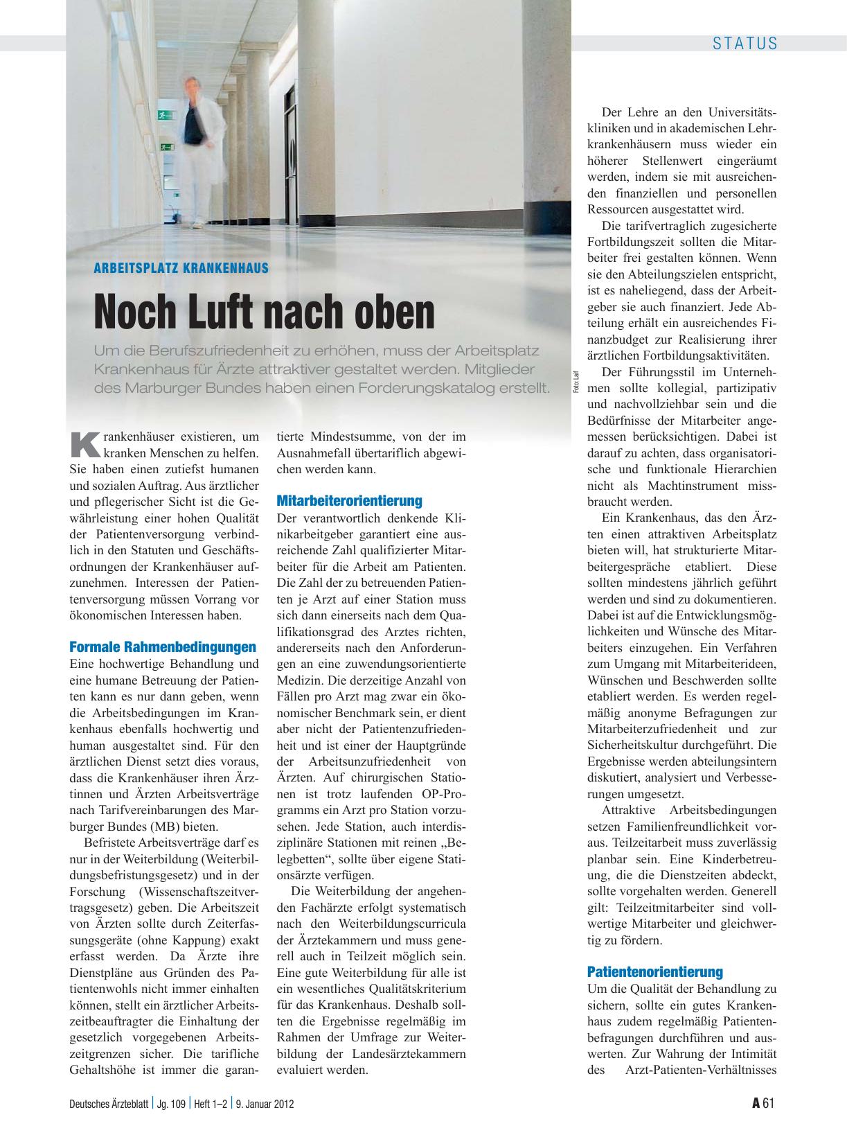 Vorschauseite 1: Arbeitsplatz Krankenhaus: Noch Luft nach oben