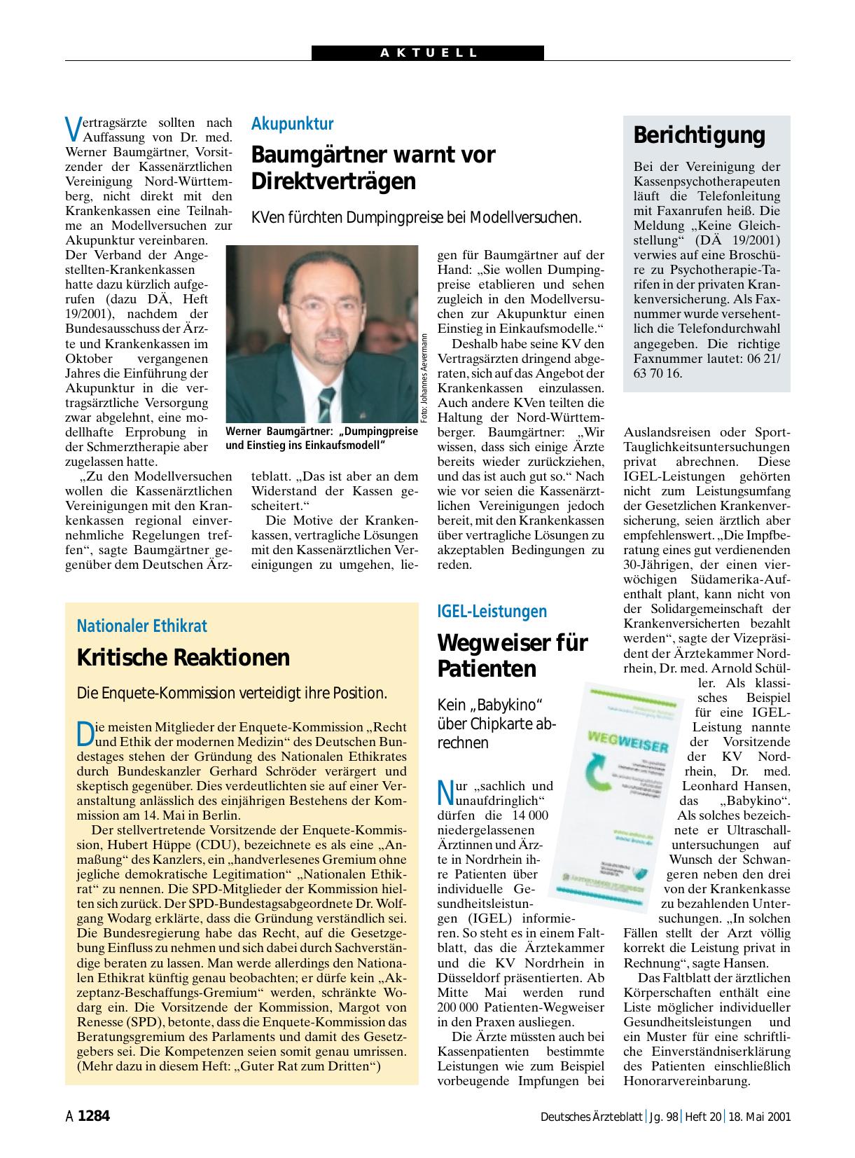 Vorschauseite 1: Akupunktur: Baumgärtner warnt vor Direktverträgen