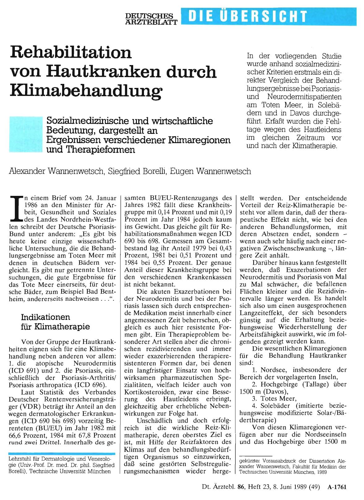 Vorschauseite 1: Rehabilitation von Hautkranken durch Klimabehandlung