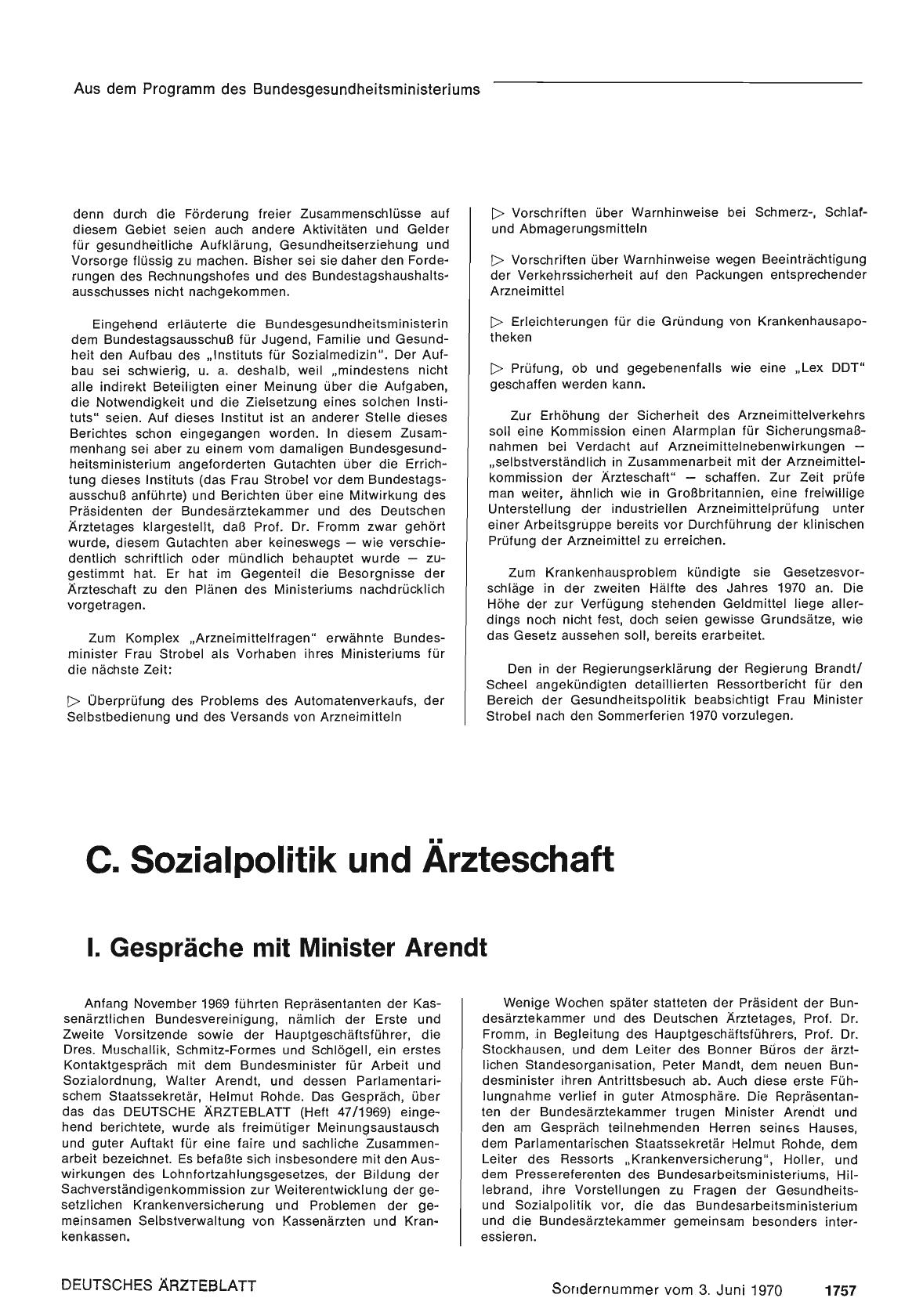 Vorschauseite 1: C. Sozialpolitik und Ärzteschaft: I. Gespräche mit Minister Arendt