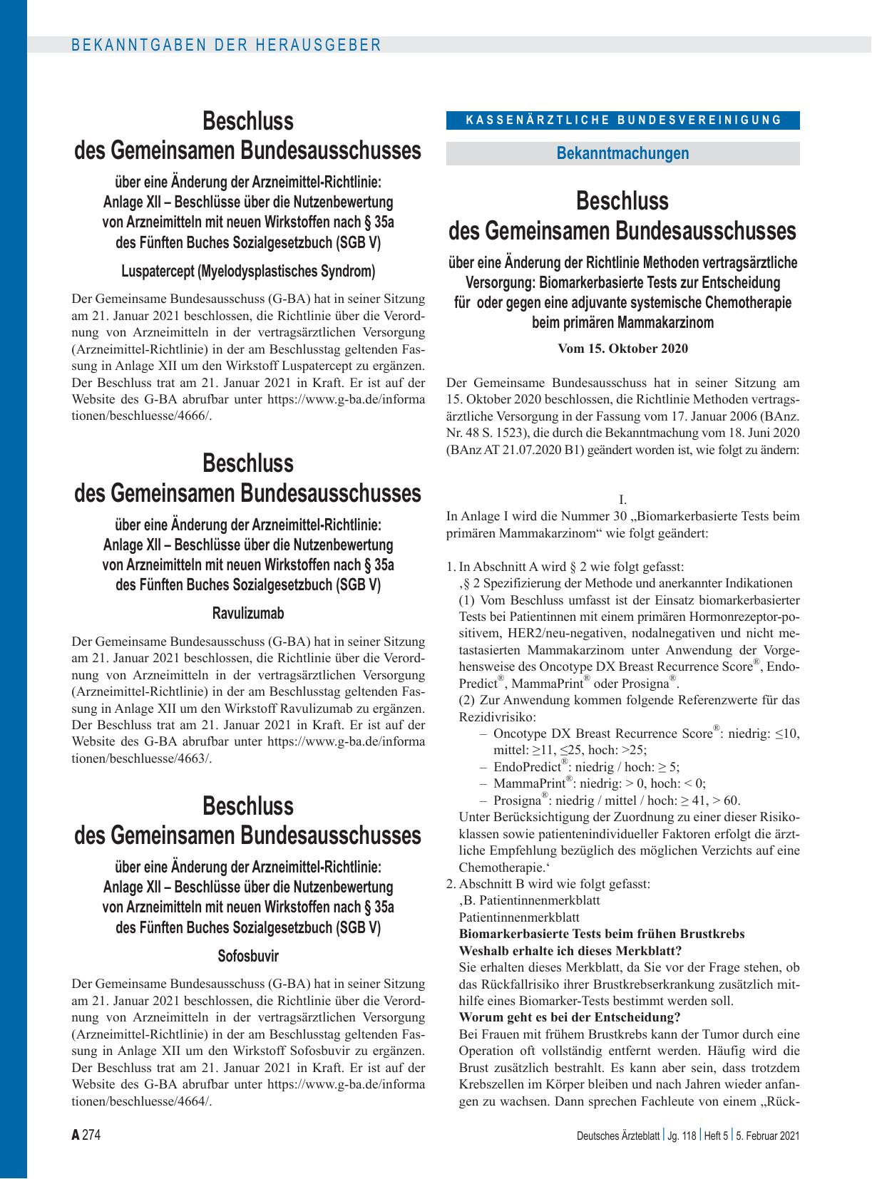 Vorschauseite 1: Beschluss des Gemeinsamen Bundesausschusses über eine Änderung der Arzneimittel-Richtlinie: Anlage XII – Luspatercept (Myelodysplastisches Syndrom)