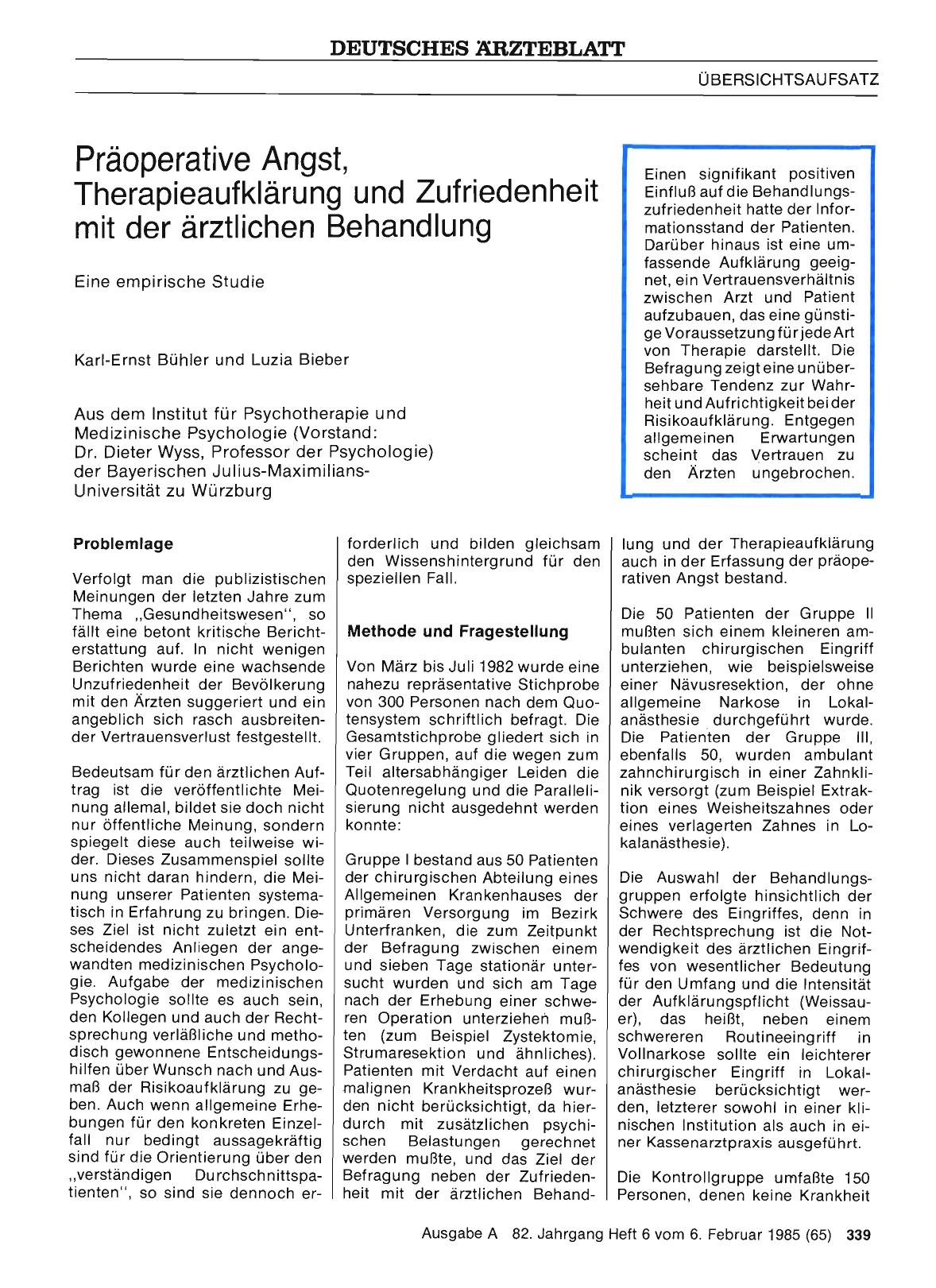 Vorschauseite 1: Präoperative Angst, Therapieaufklärung und Zufriedenheit mit der ärztlichen Behandlung
